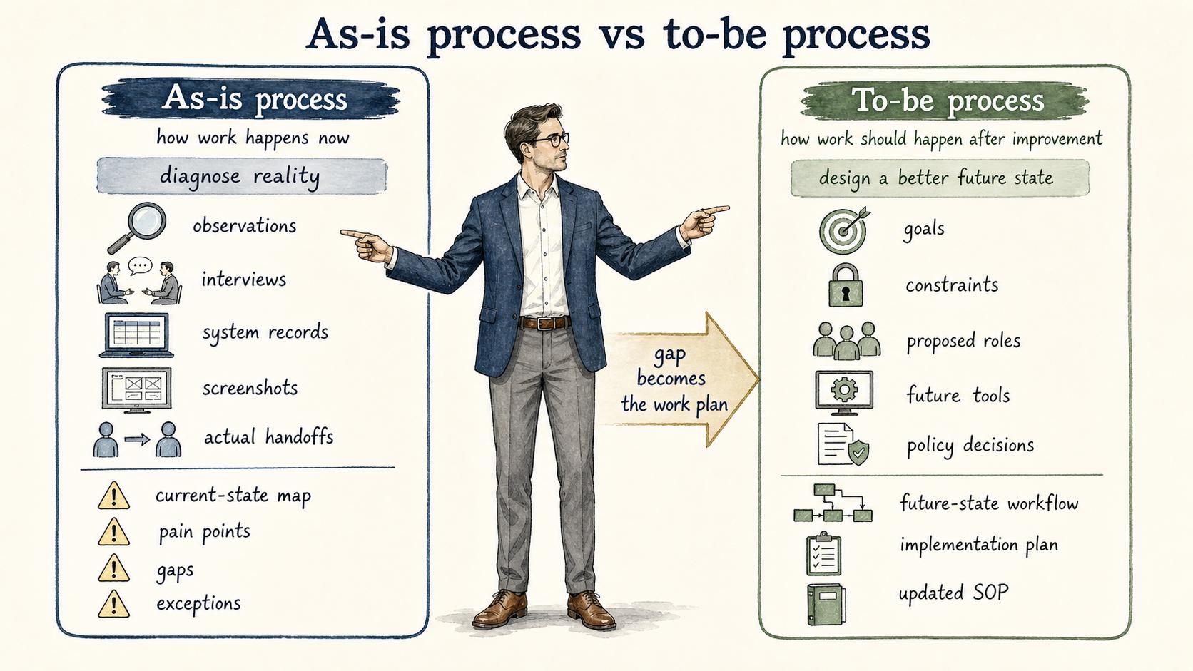 The as-is process diagnoses current reality, while the to-be process designs the desired future state; the gap becomes the work plan.