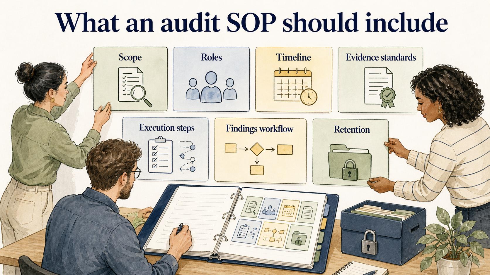 A useful audit SOP defines scope, roles, timeline, evidence standards, execution steps, the findings workflow, and record retention.
