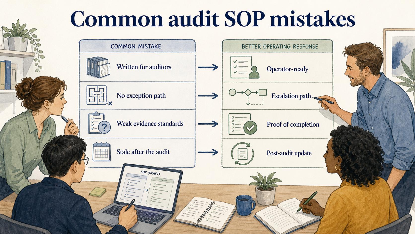 Practical audit SOPs are written for operators, define escalation paths, specify proof of completion, and get updated while post-audit friction is still visible.