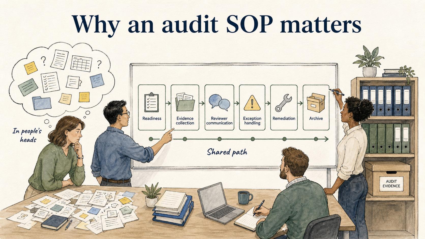 A shared audit path moves critical knowledge out of people’s heads and makes readiness, evidence collection, communication, exceptions, remediation, and archiving repeatable.
