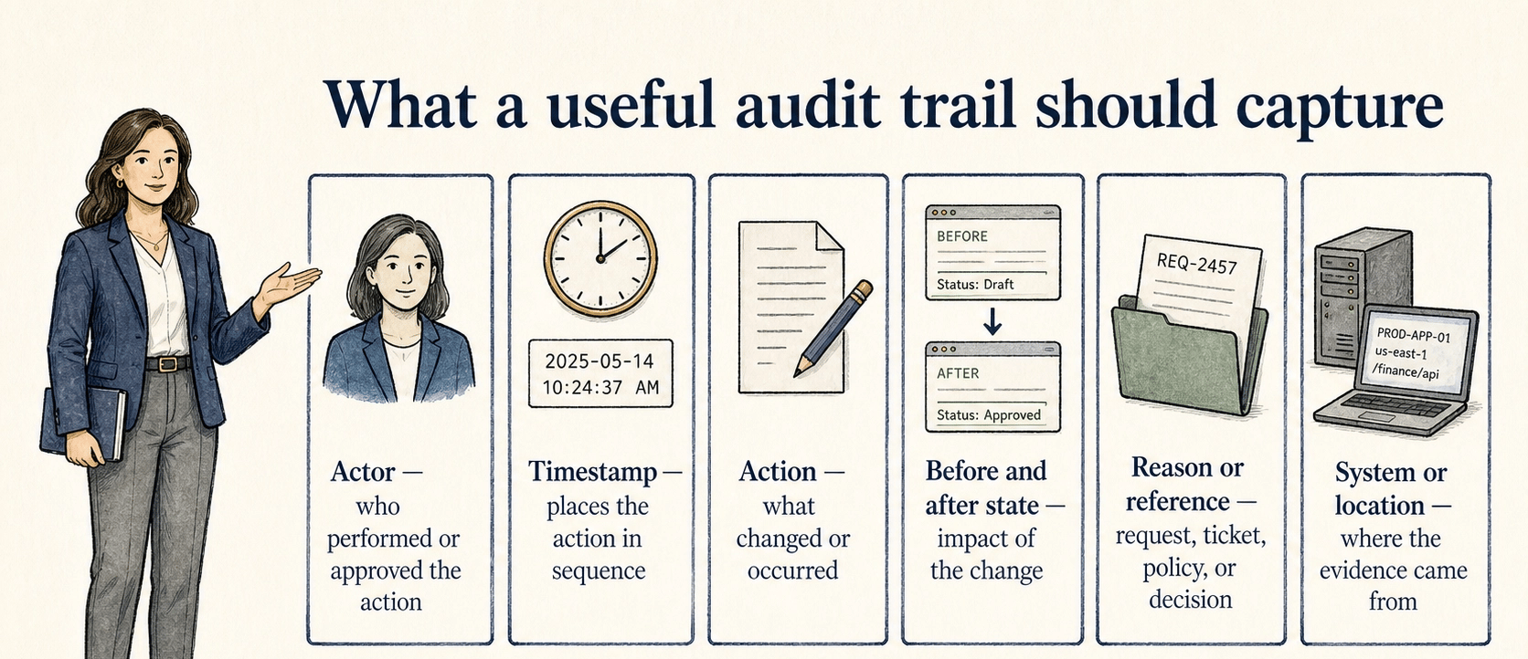 A useful audit trail captures the actor, timestamp, action, changed state, reason or reference, and evidence source.