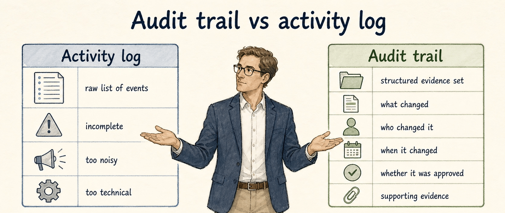 An activity log lists events, while an audit trail organizes reliable evidence around the questions a reviewer needs answered.