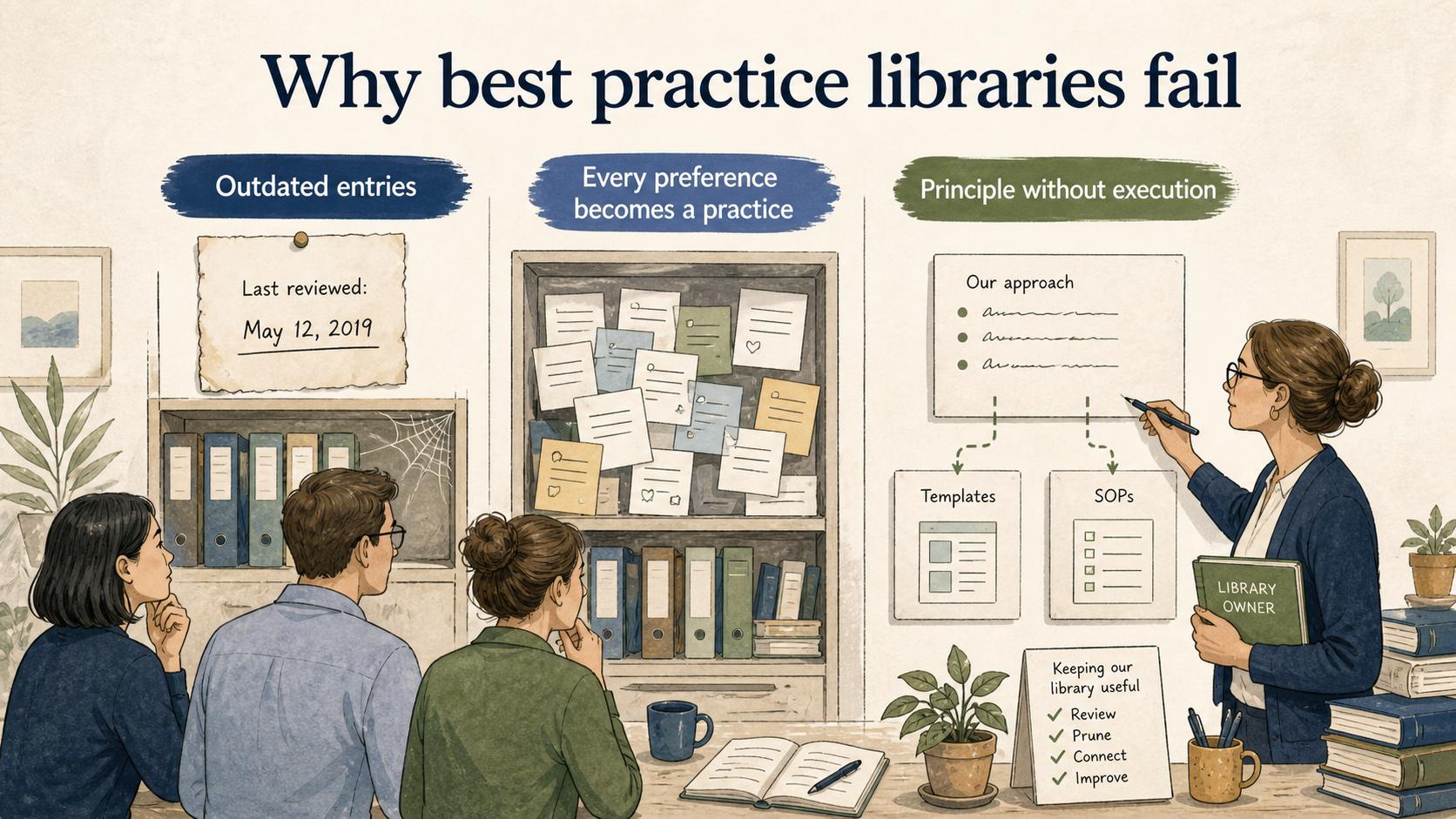 Libraries lose trust when entries become outdated, personal preferences are treated as proven practices, or principles are disconnected from execution.