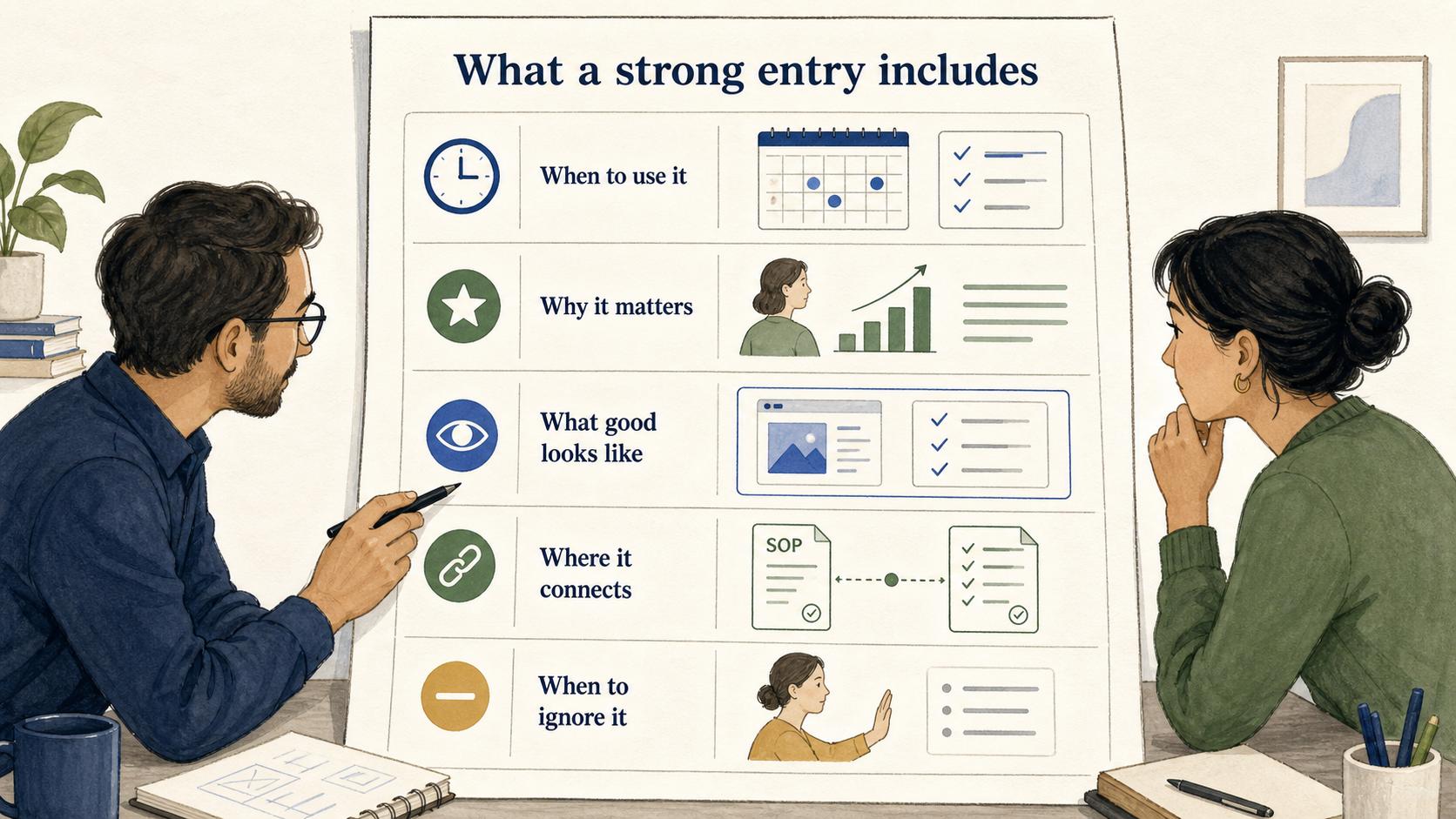 A strong entry explains when to use the practice, why it matters, what good execution looks like, where it connects, and when it should be ignored.