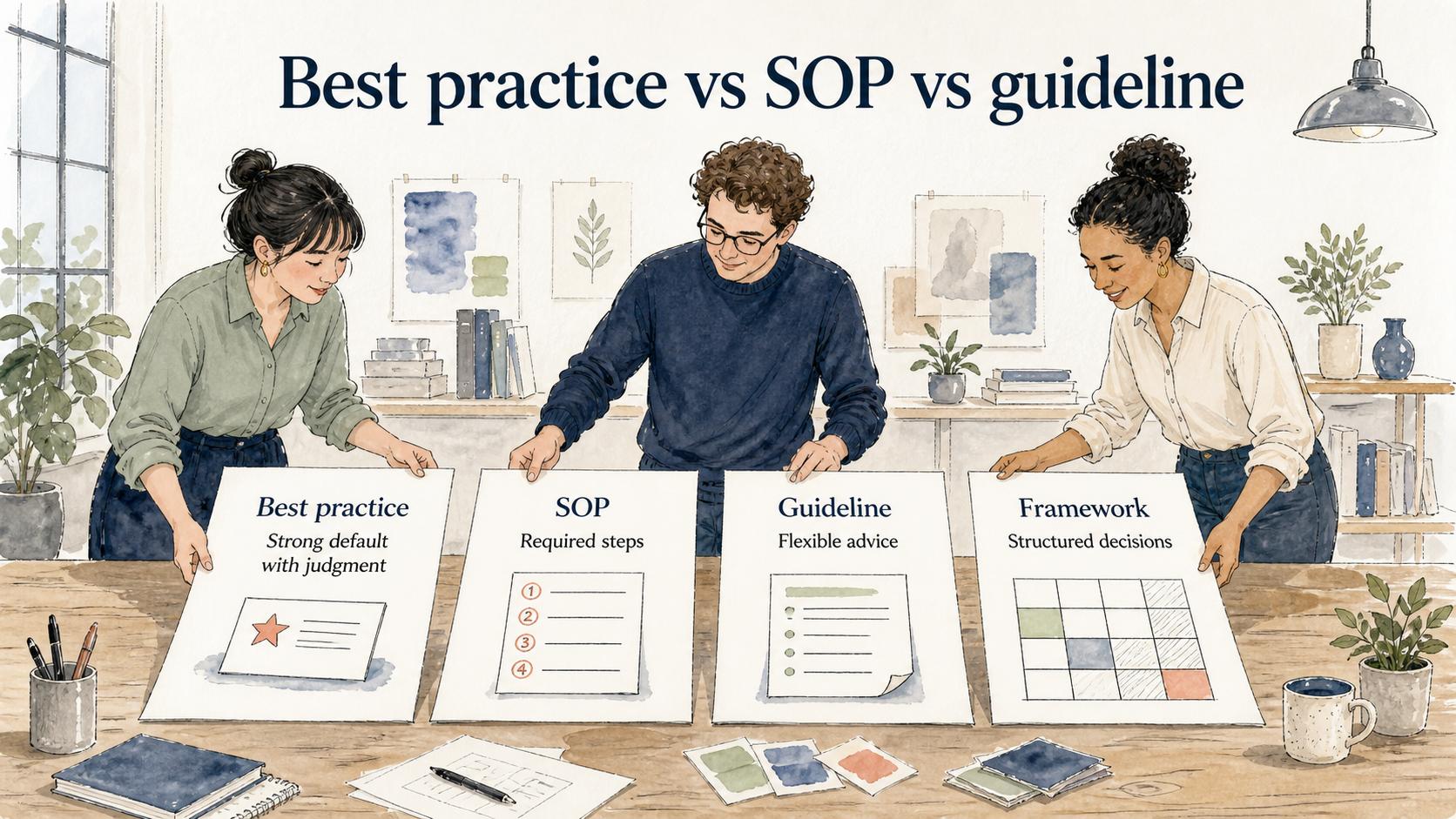 A best practice recommends a strong default, an SOP requires ordered steps, a guideline offers flexible advice, and a framework structures decisions.