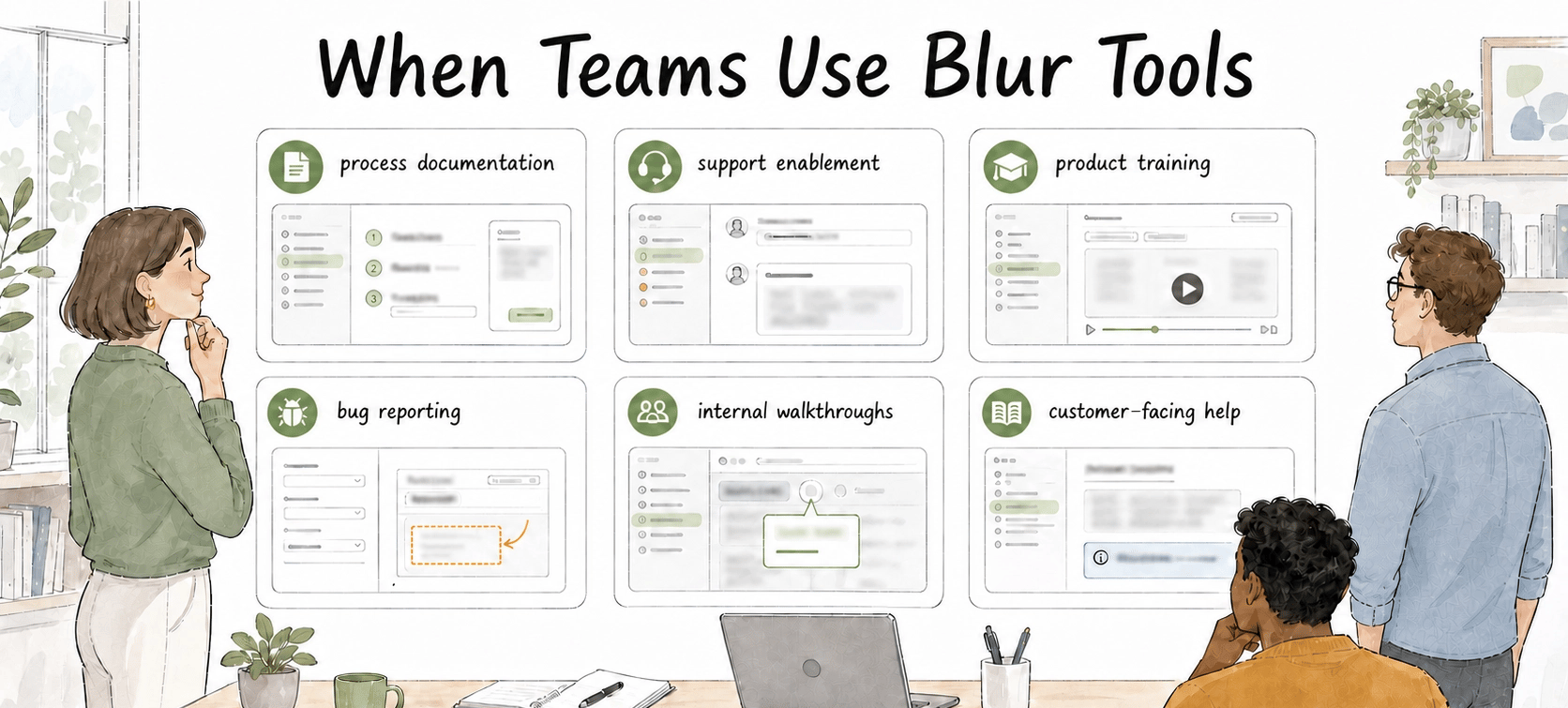Teams use blur tools in documentation, enablement, training, bug reports, walkthroughs, and help content from live systems.