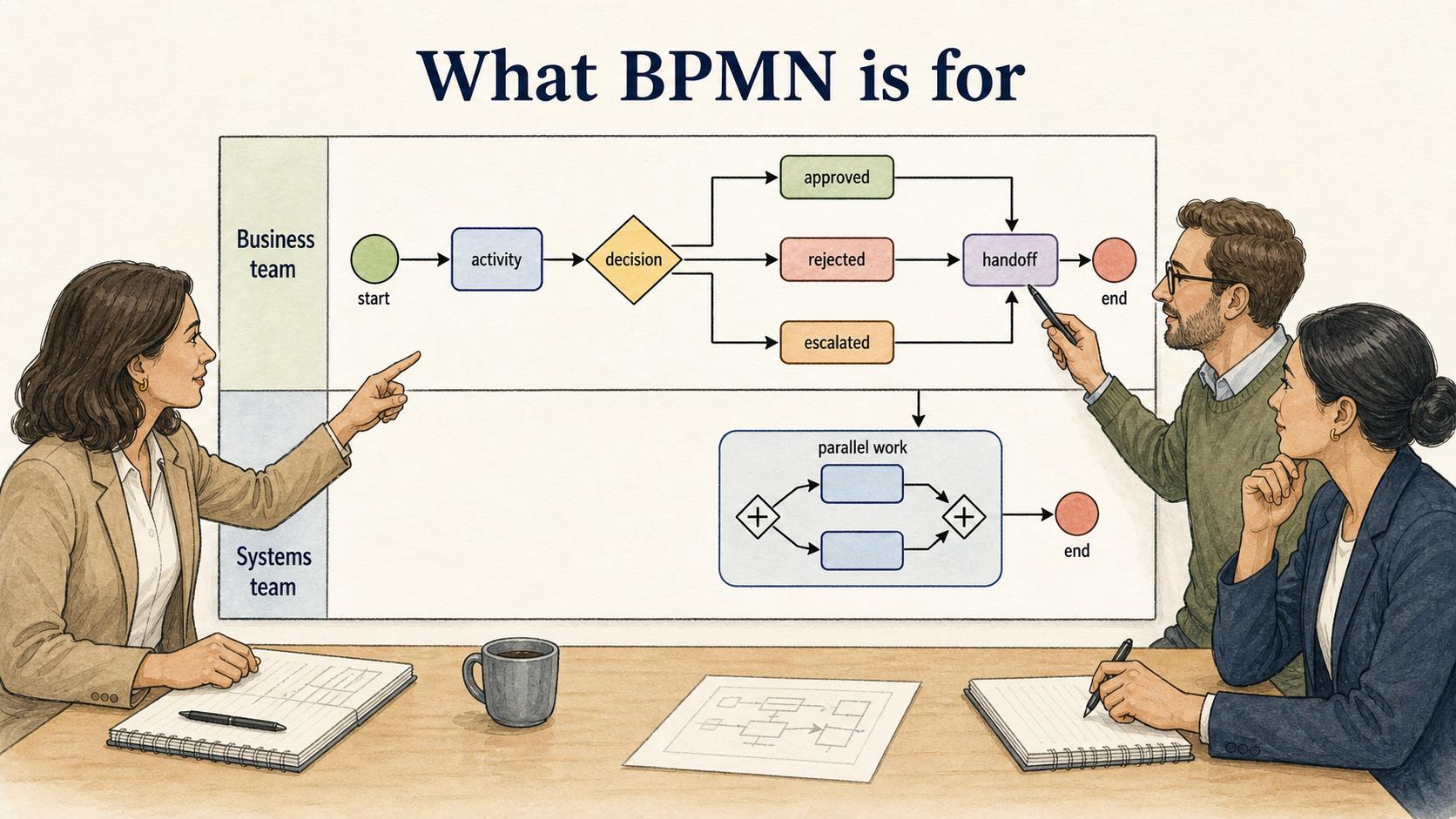 BPMN gives business and systems teams a shared visual language for decisions, handoffs, exceptions, and parallel work.