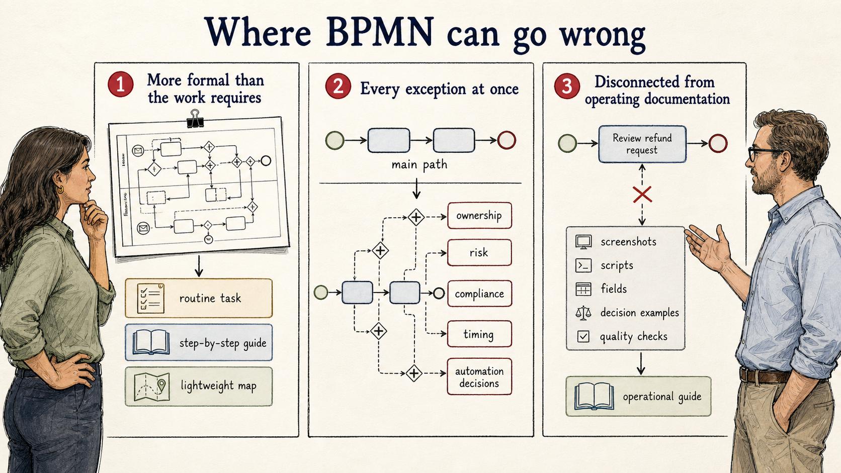 BPMN becomes less useful when it adds unnecessary formality, models every exception at once, or stays disconnected from the operational guidance people need to perform the work.