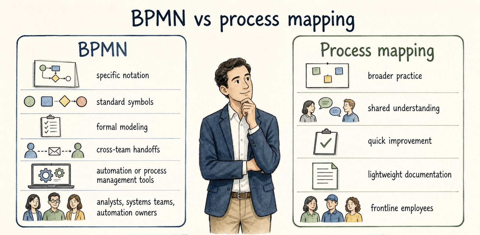 BPMN provides formal standardized notation, while simpler process mapping supports rapid understanding, improvement, and frontline documentation.
