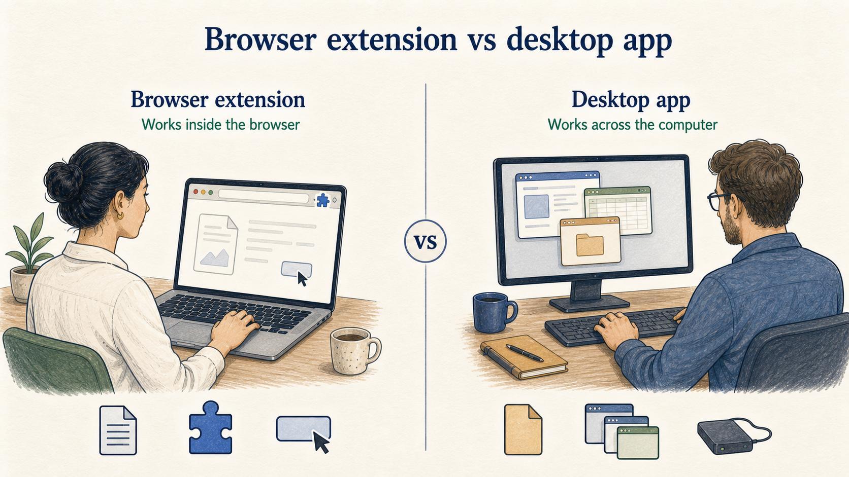 Browser extensions support contextual actions inside web apps, while desktop applications can work across files, software windows, hardware, and system-level controls.