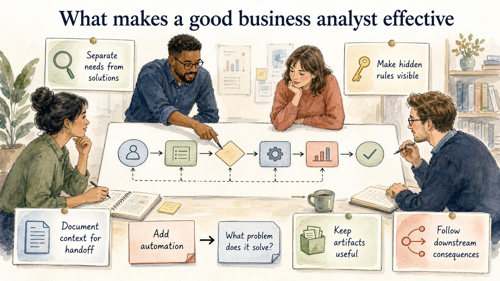 Effective analysts separate needs from solutions, expose hidden rules, preserve context, follow downstream effects, and keep artifacts useful.