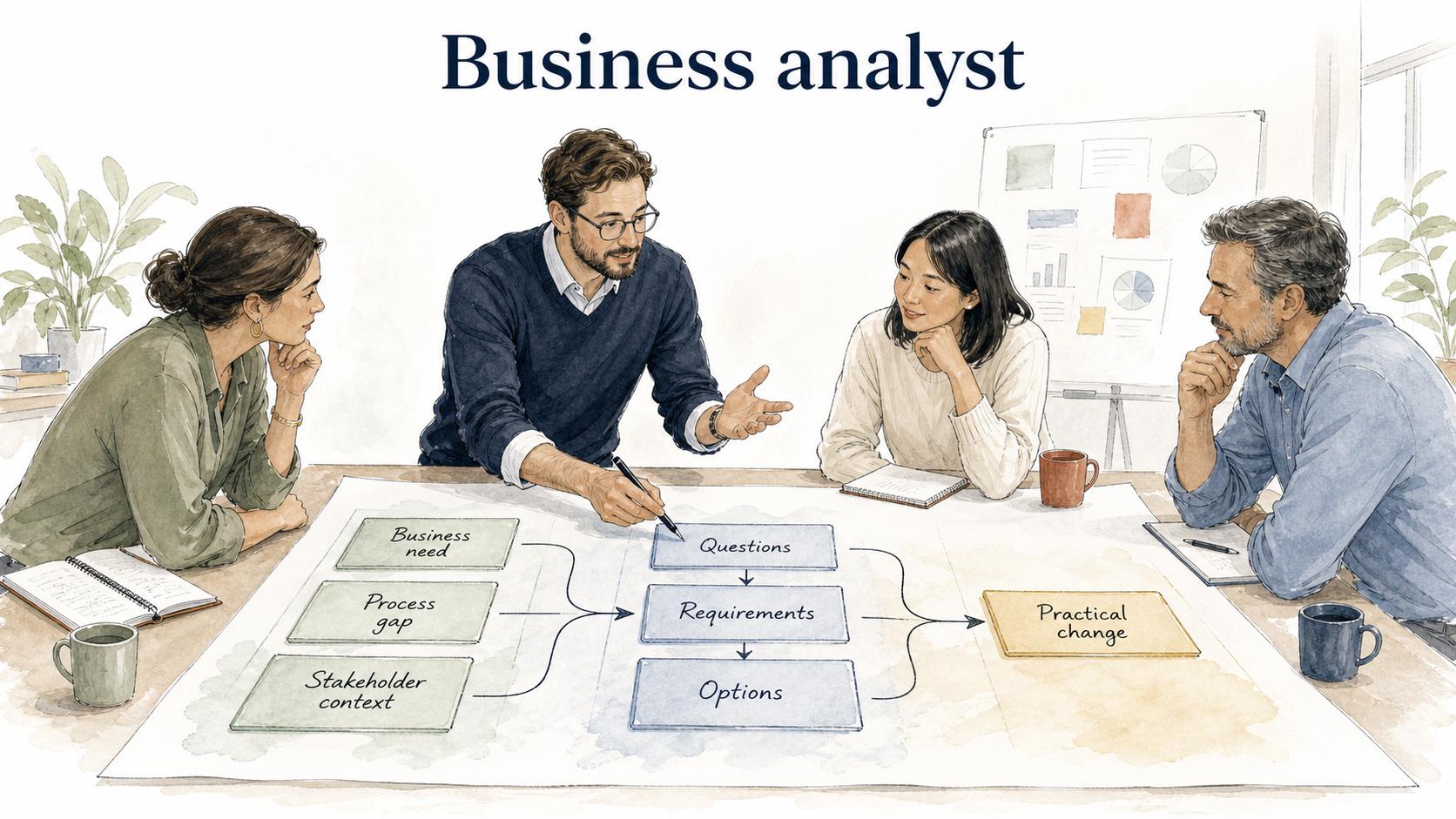 A business analyst translates business needs, process gaps, and stakeholder context into questions, requirements, options, and practical change.