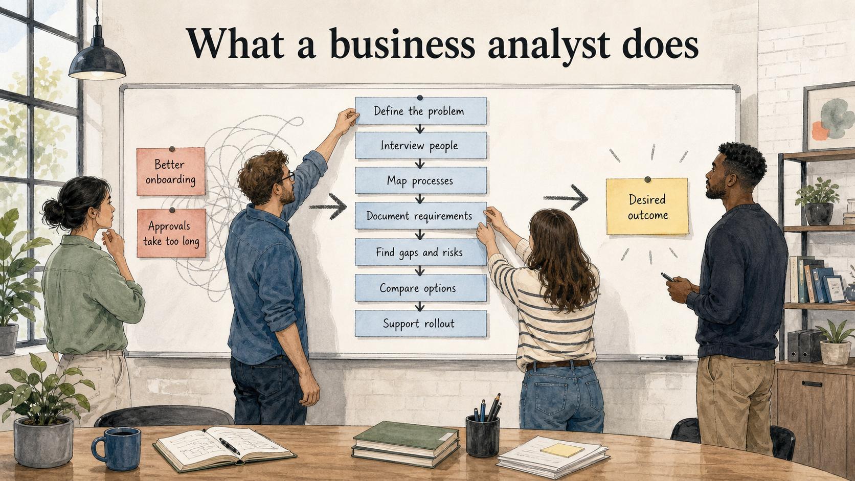 Business analysts turn ambiguous complaints into defined problems, stakeholder insight, process maps, requirements, options, and actionable outcomes.