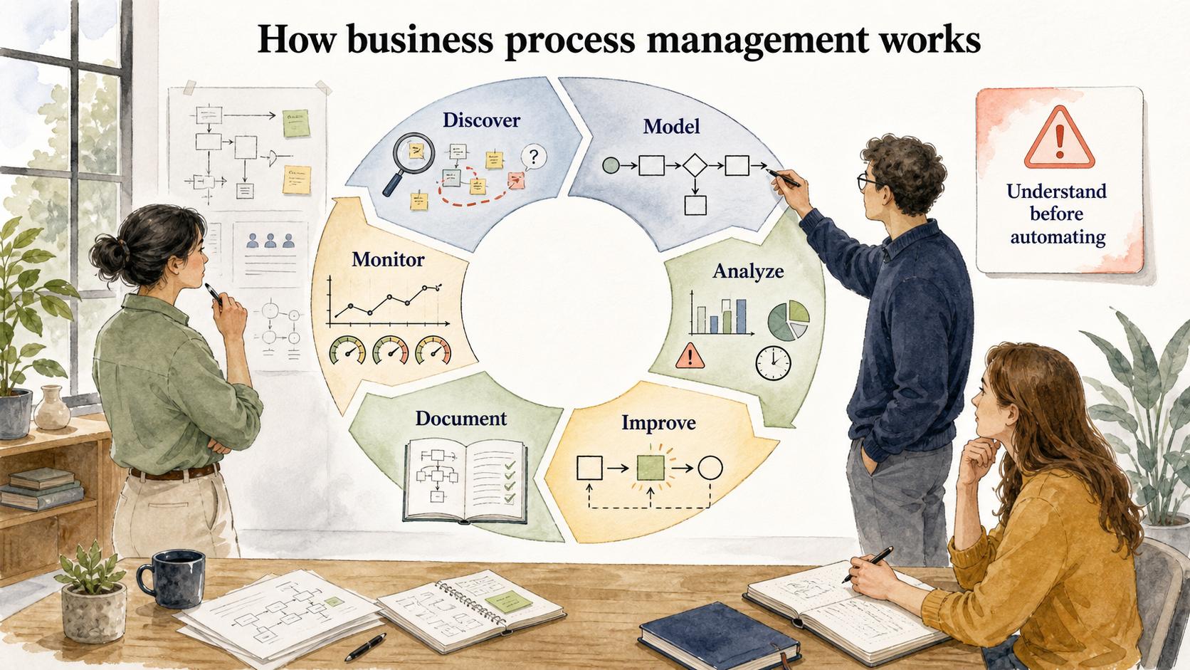BPM moves through a repeatable cycle of discovering, modeling, analyzing, improving, documenting, and monitoring the process.