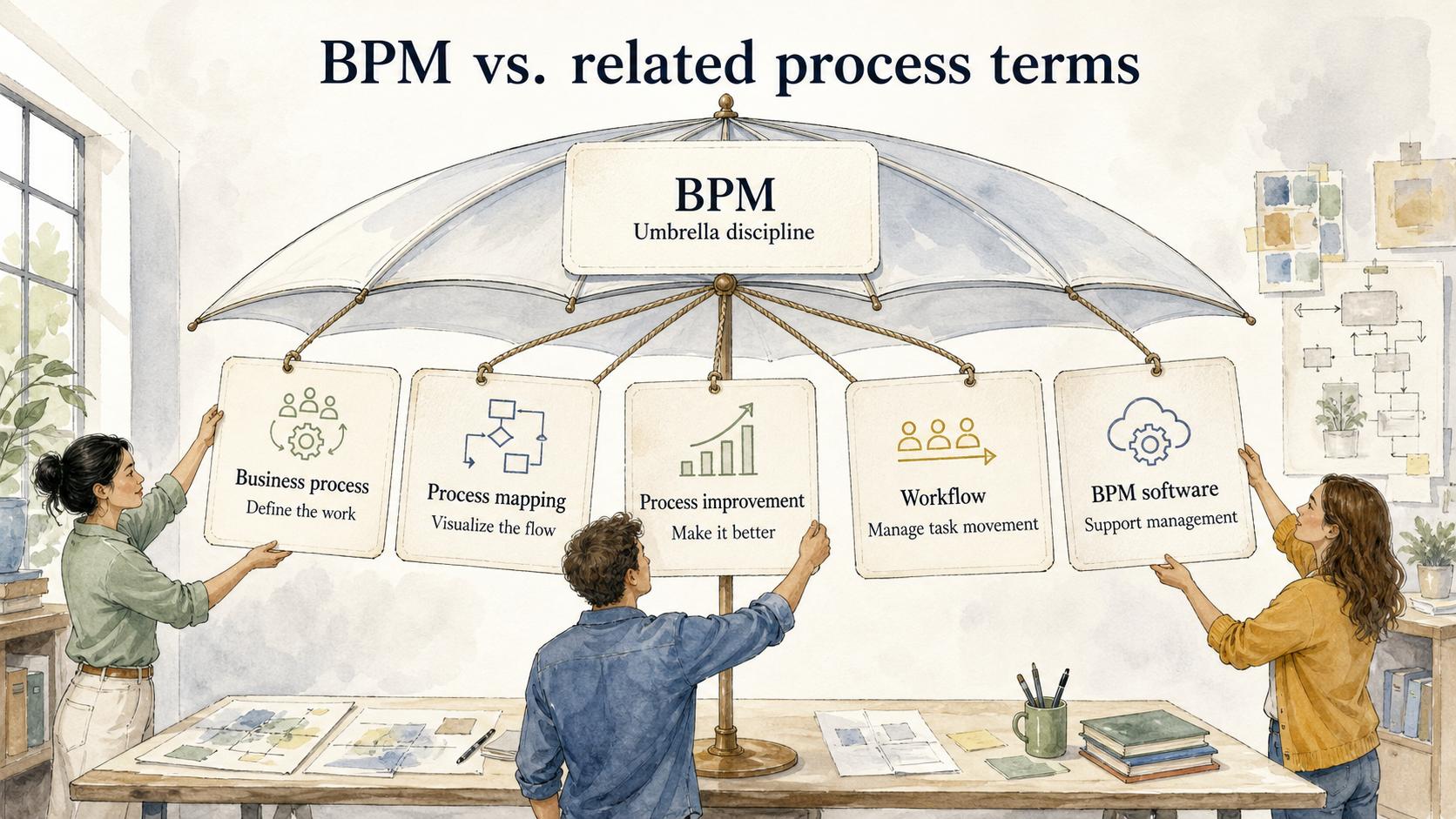 BPM is the umbrella discipline; process definition, mapping, improvement, workflow design, and BPM software are methods or tools within it.