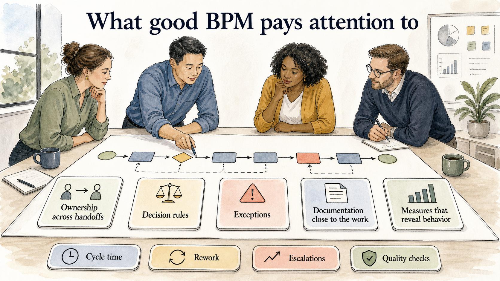 Good BPM watches ownership, decision rules, exceptions, usable documentation, and measures that reveal how the process behaves.
