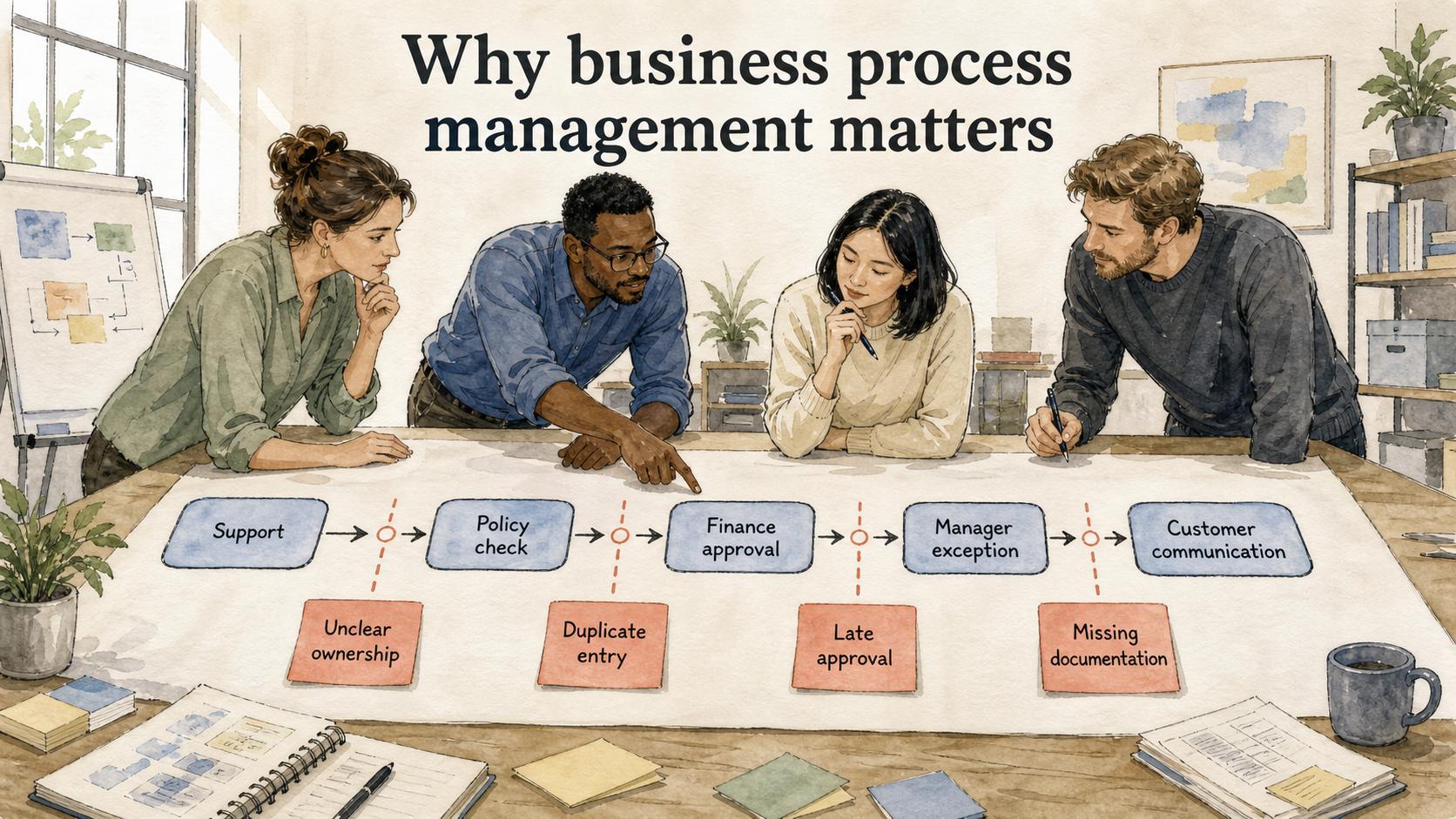BPM reveals system problems between steps, including unclear ownership, duplicate entry, late approvals, and missing documentation.