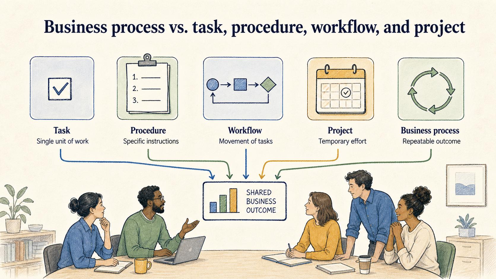 Tasks, procedures, workflows, and projects can support a business process, which represents the complete repeatable path to an outcome.