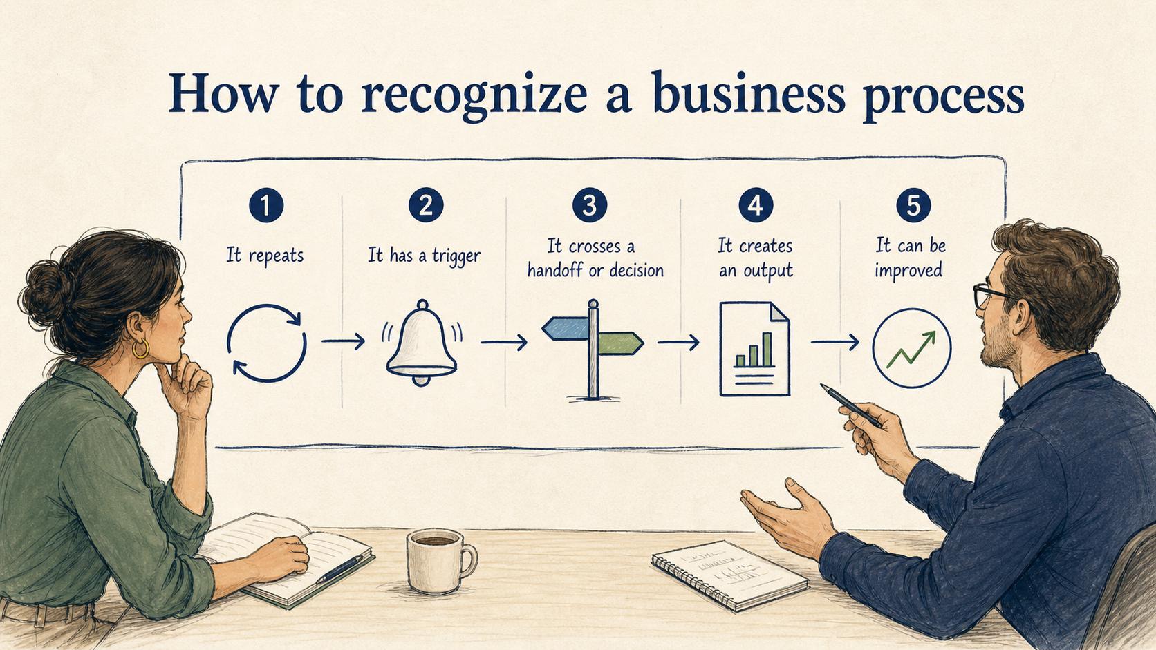 A business process repeats, begins with a trigger, crosses a handoff or decision, creates an output, and can be improved.