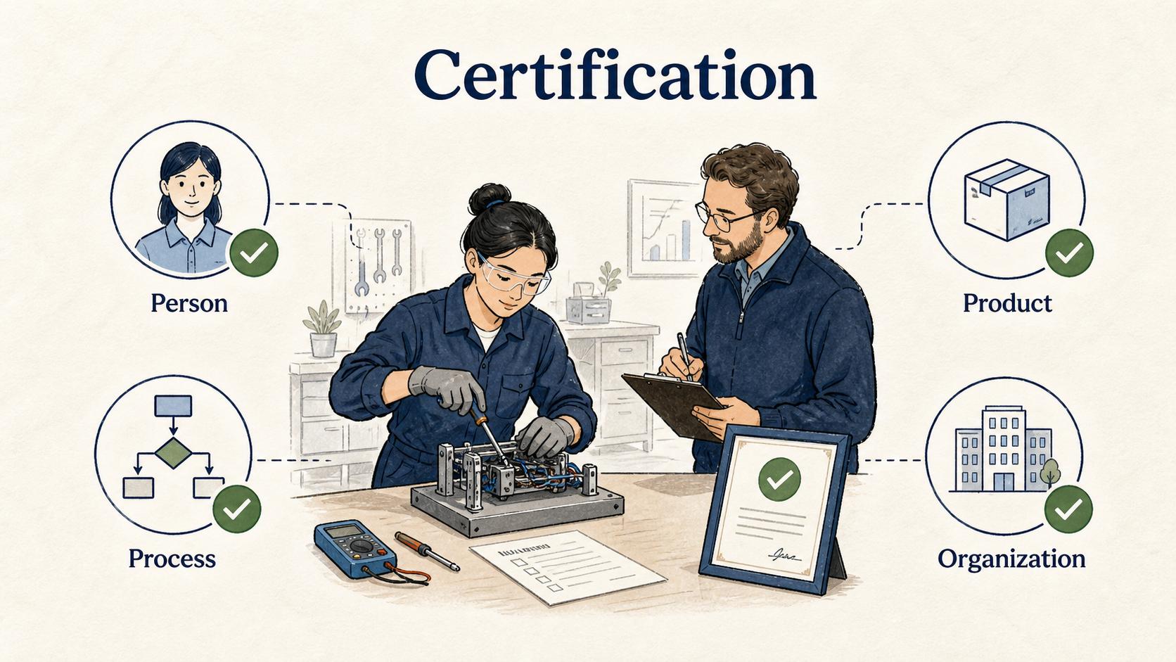 Certification formally confirms that a person, process, product, or organization meets defined requirements supported by assessment evidence.