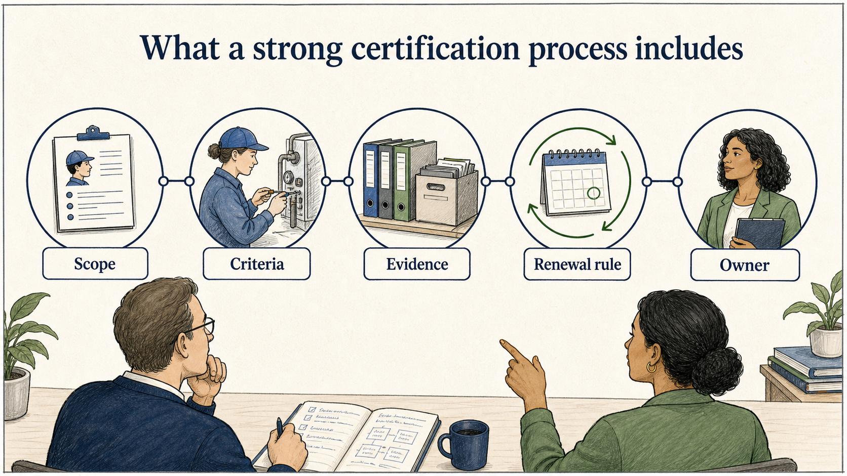 A reliable certification process defines its scope, assessment criteria, retained evidence, renewal rules, and accountable owner.