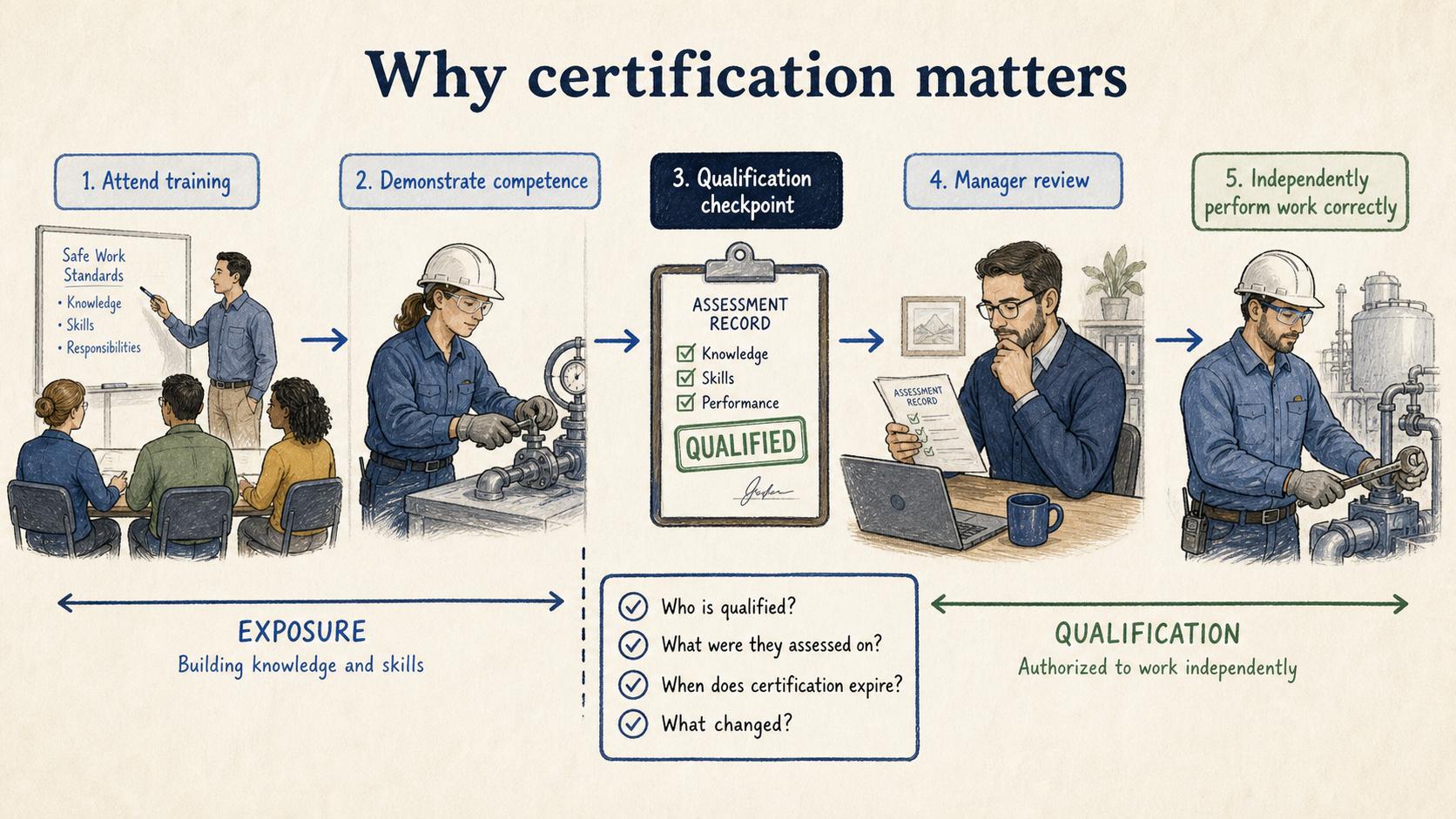 Certification separates exposure to training from demonstrated qualification, giving managers defensible evidence that someone can perform the work correctly.