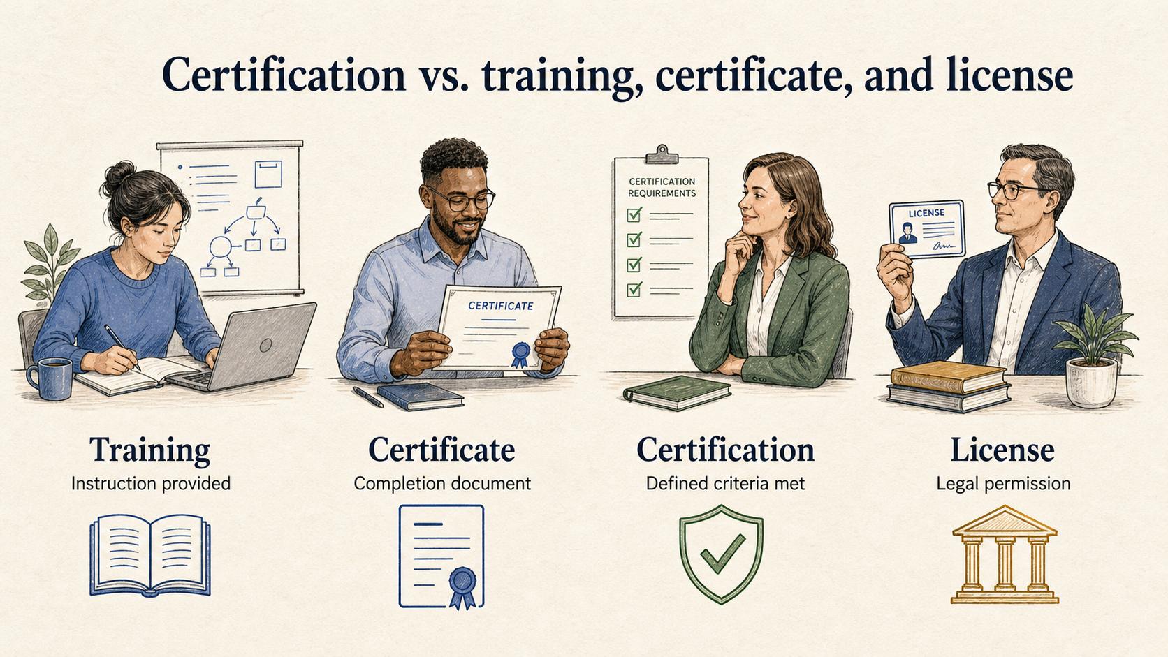 Training provides instruction, a certificate records completion, certification confirms defined criteria were met, and a license grants legal permission.