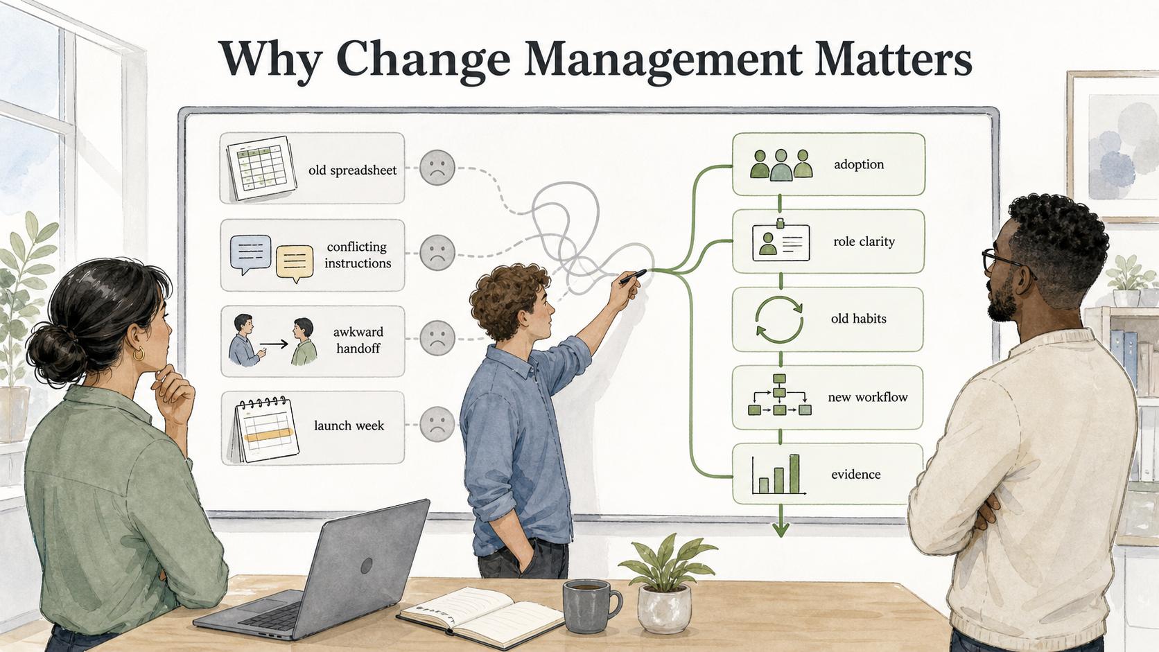 Change management treats adoption as part of the work by naming old habits, role clarity, and evidence before rollout gets messy.