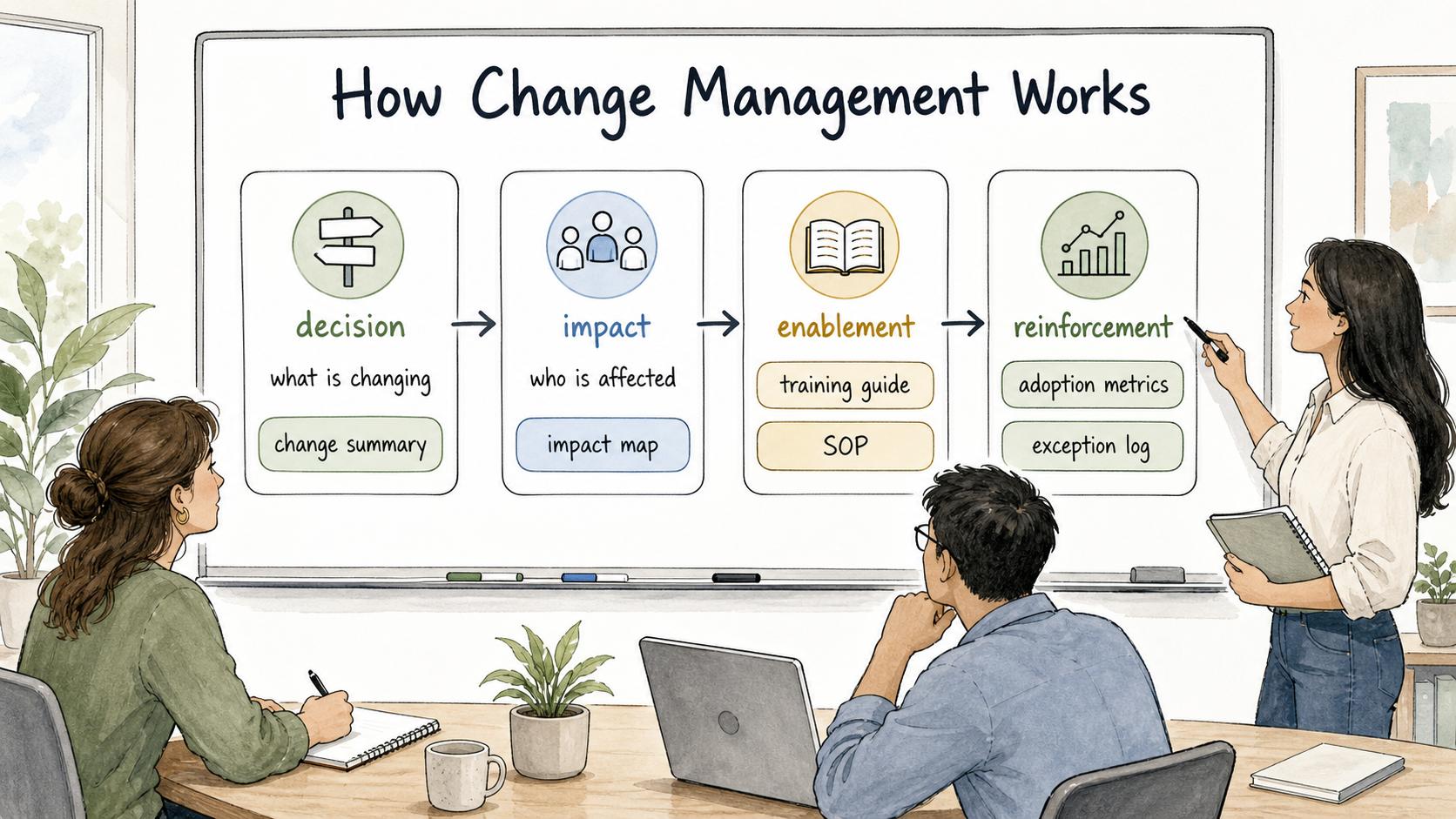 A practical change plan moves through decision, impact, enablement, and reinforcement, with artifacts for each layer.