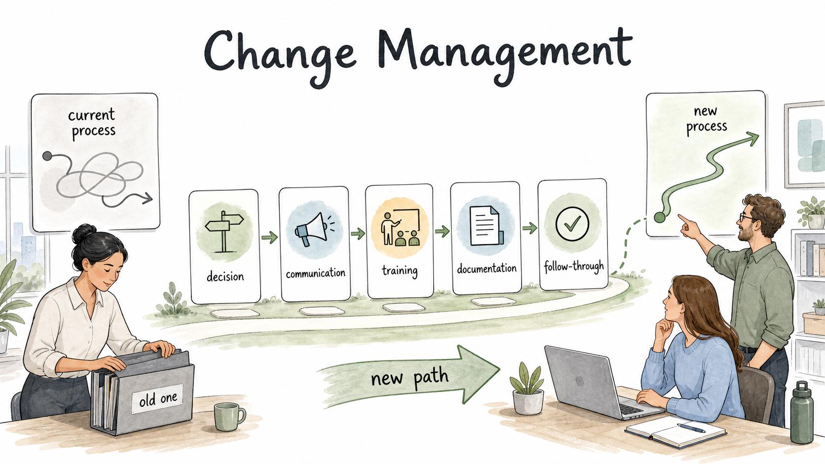 Change management connects decision, communication, training, documentation, and follow-through so a new process can stick.