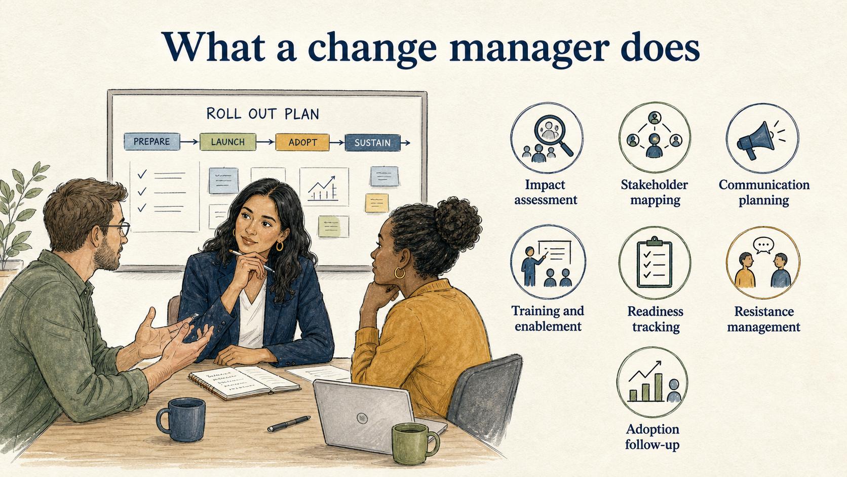 Change managers assess impact, map stakeholders, plan communication, prepare training, track readiness, diagnose resistance, and support adoption after launch.