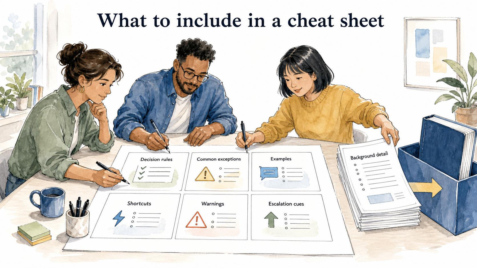 A practical template turns source material into a focused page for a defined audience, task, key rules, common mistakes, reusable examples, and escalation points.