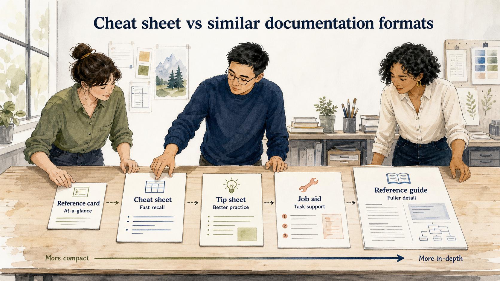 A cheat sheet offers more depth than a reference card but less explanation than a reference guide, with tip sheets and job aids serving different jobs.