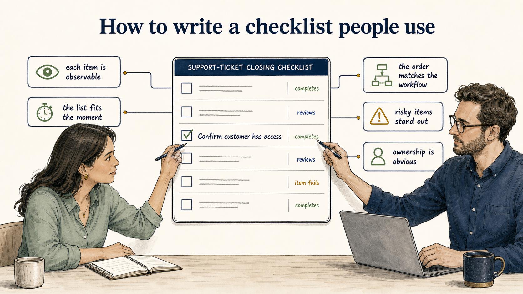 Effective checklists use observable items, match the workflow, emphasize risk, and make ownership clear.