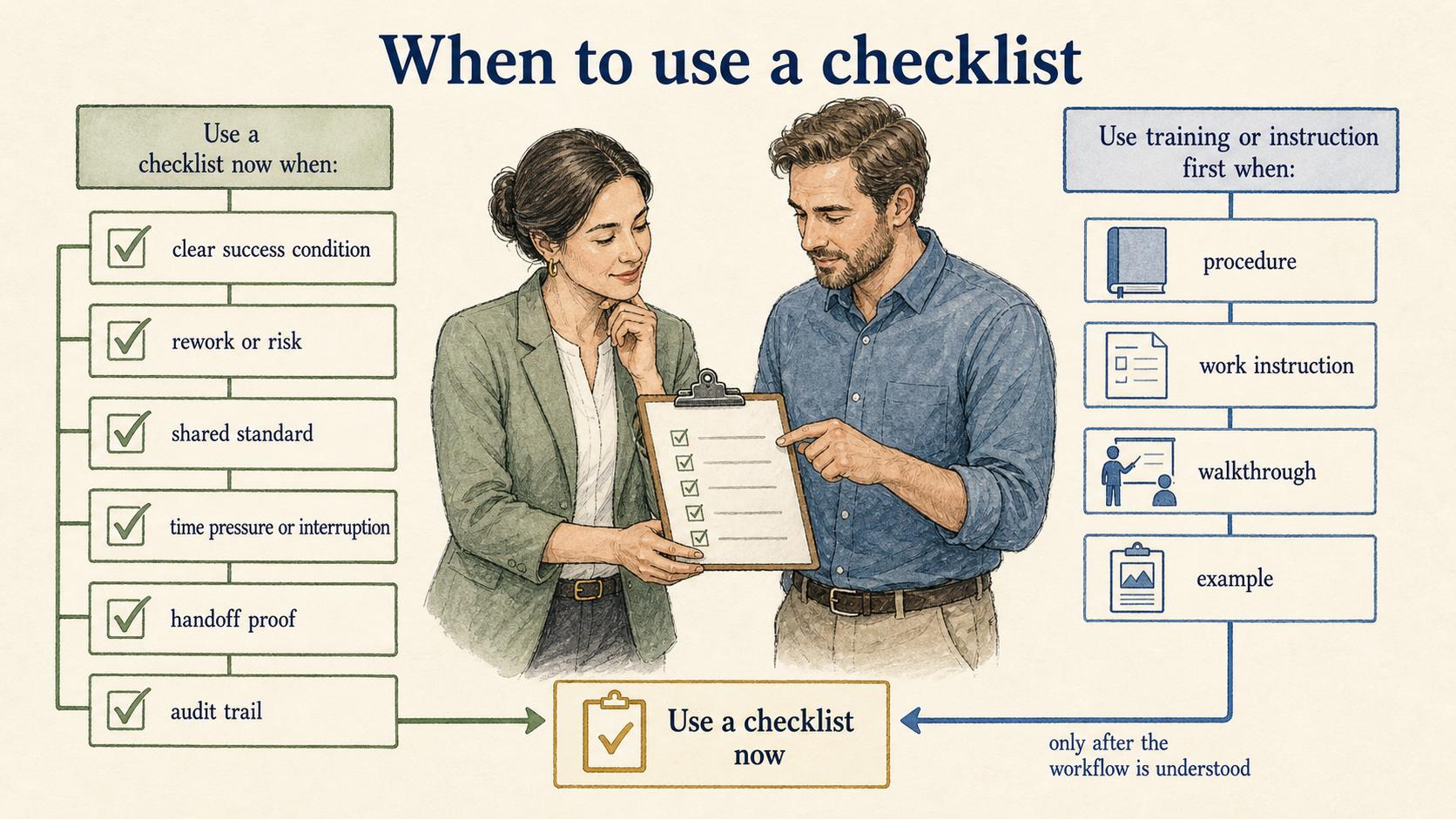 Use a checklist for understood workflows with important confirmation points; use training or instruction first when the work is not yet understood.