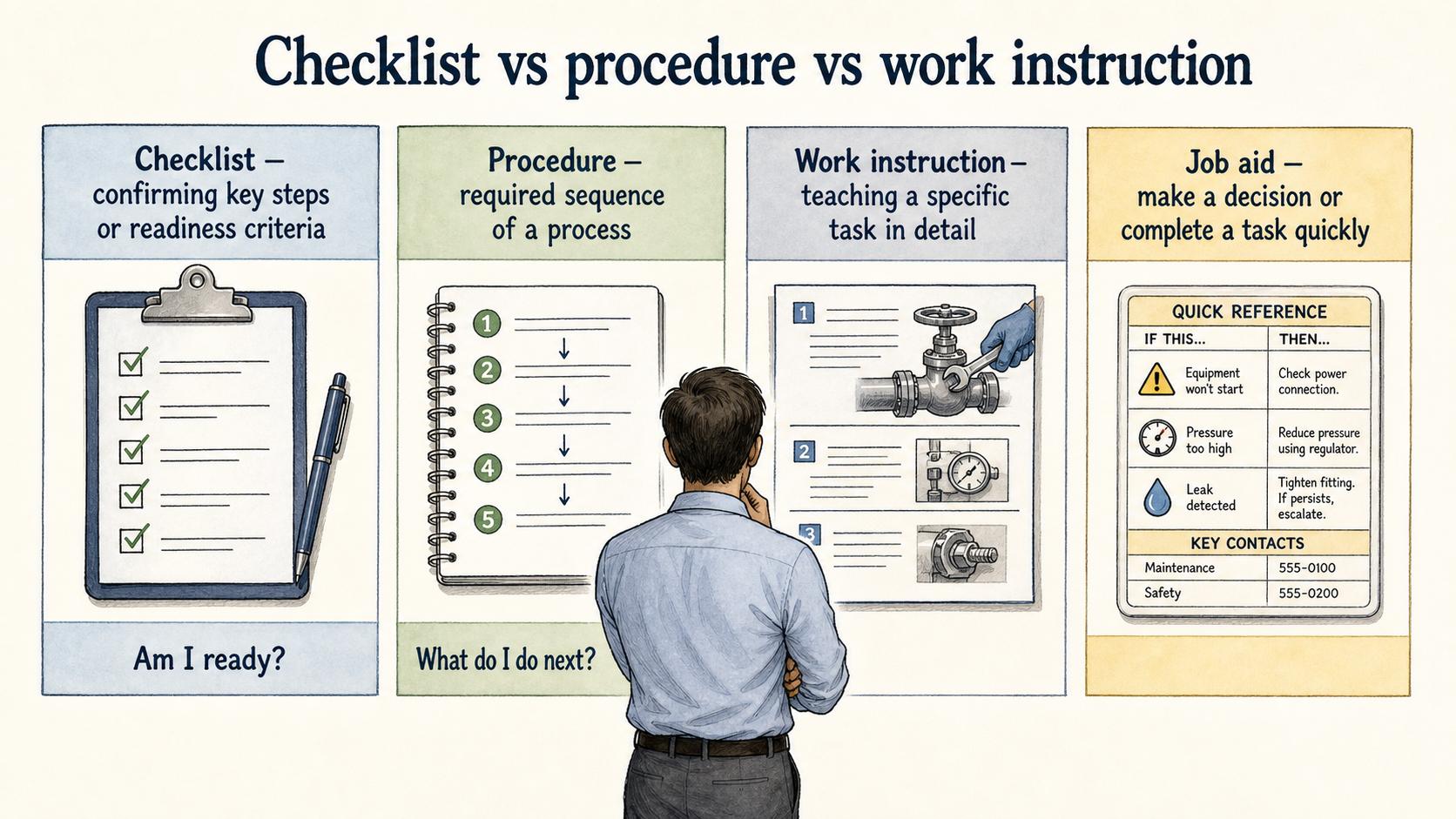 Checklists confirm readiness, procedures define sequence, work instructions teach detailed tasks, and job aids provide quick support.