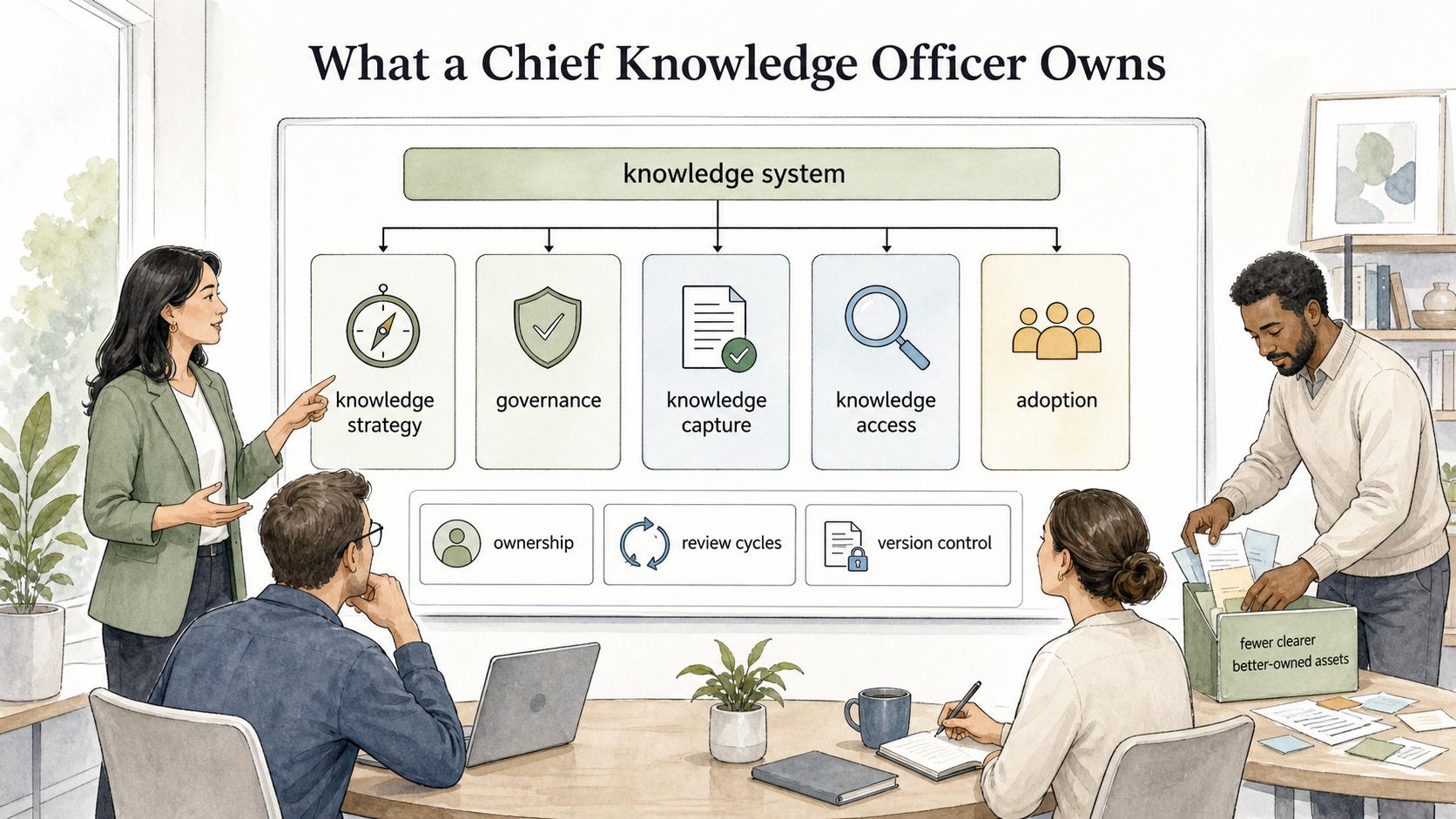 A CKO owns the knowledge system: strategy, governance, capture, access, adoption, and asset ownership.