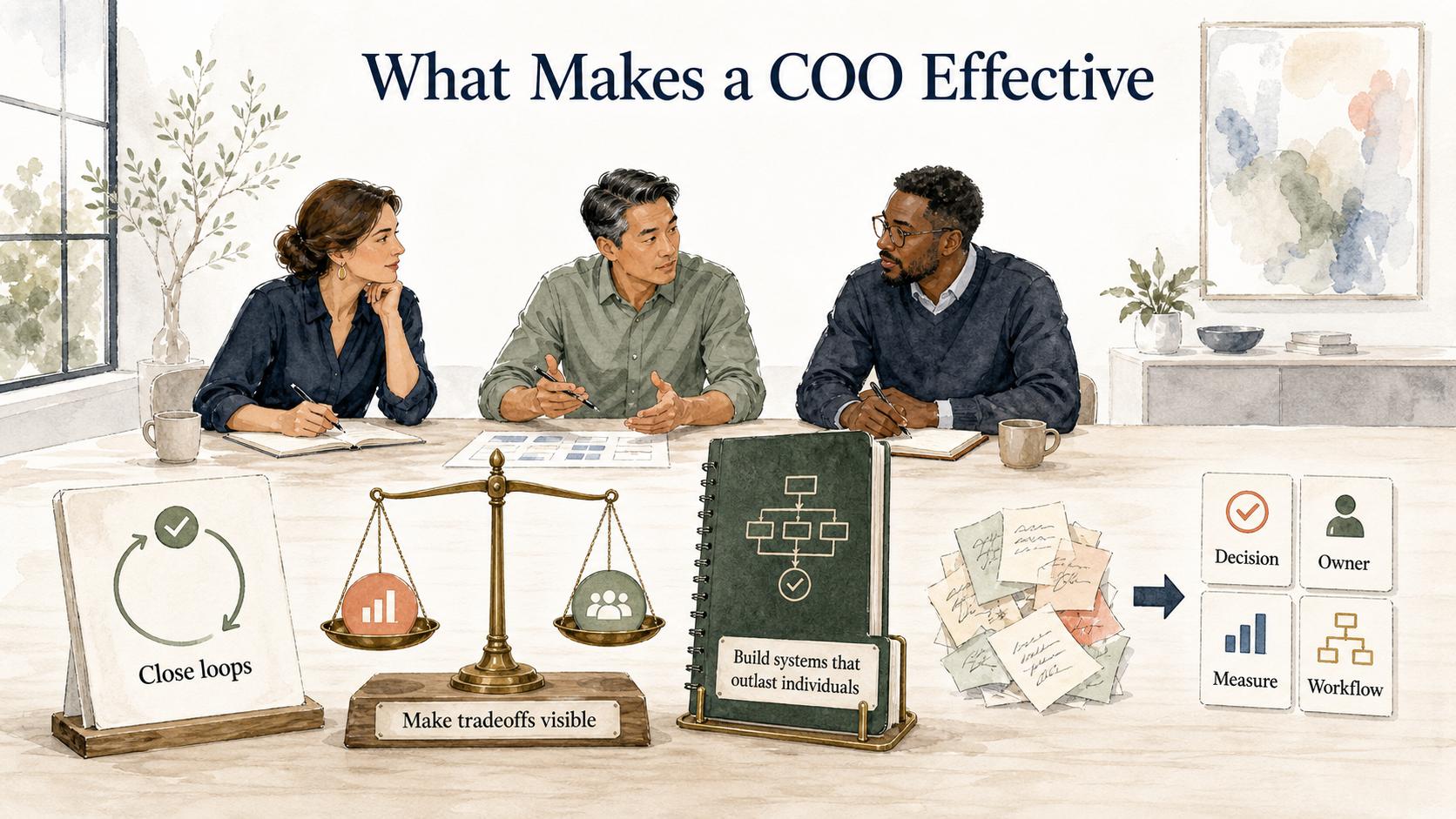 Effective COOs close loops, expose tradeoffs, and build systems that turn ambiguity into decisions, owners, measures, and documented workflows.