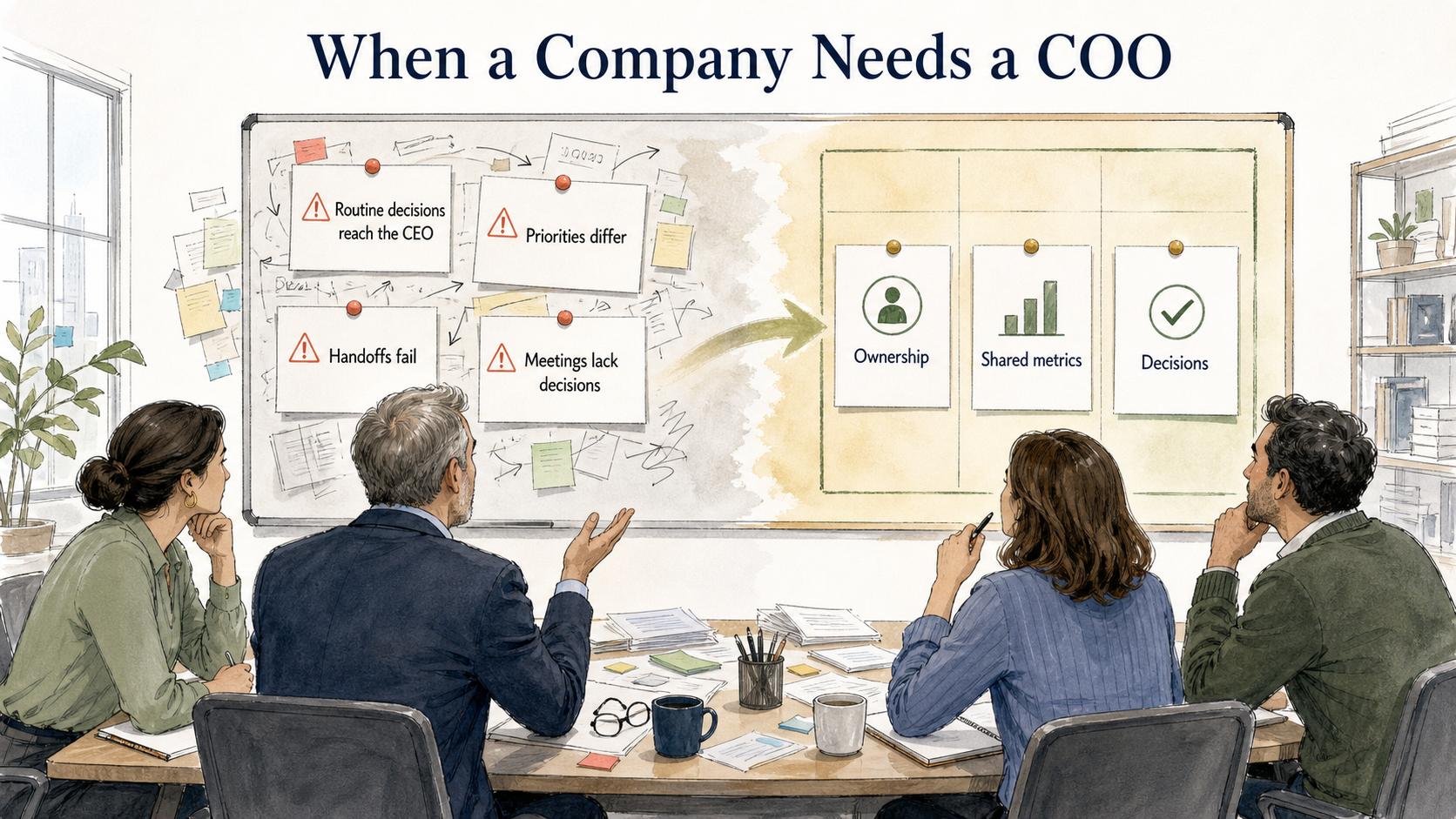 A company may need a COO when routine decisions reach the CEO, priorities diverge, handoffs fail, and meetings stop producing decisions.