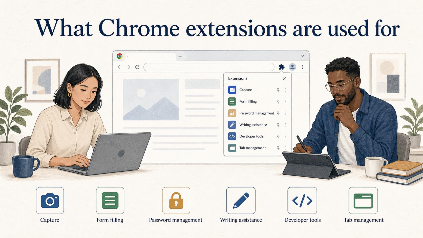 Chrome extensions support browser-based tasks such as capturing information, filling forms, managing passwords, writing, debugging, and organizing tabs.