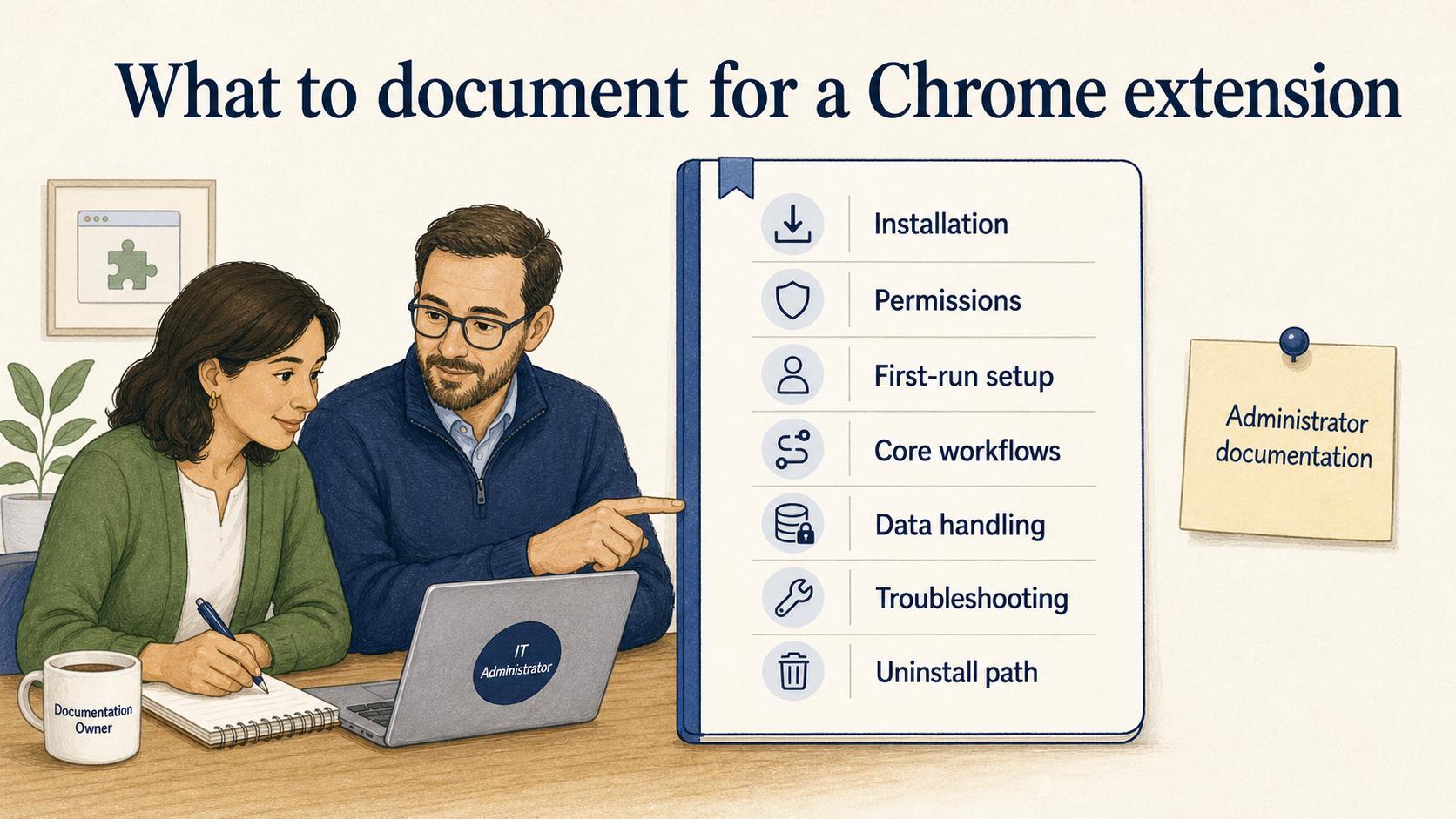 Complete extension documentation covers installation, permissions, setup, workflows, data handling, troubleshooting, removal, and administrator requirements.