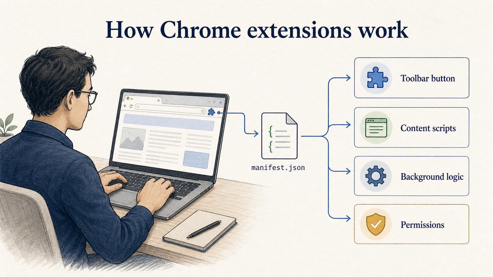 A Chrome extension uses a manifest file to coordinate browser-facing features, background logic, content scripts, and permissions.