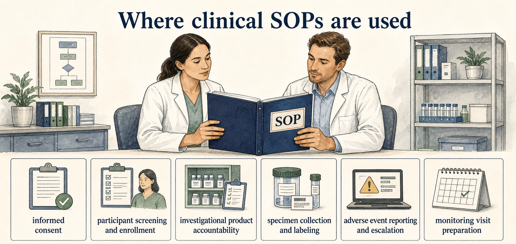Clinical SOPs support repeatable, consequence-heavy activities across consent, enrollment, product accountability, specimens, adverse events, and monitoring.