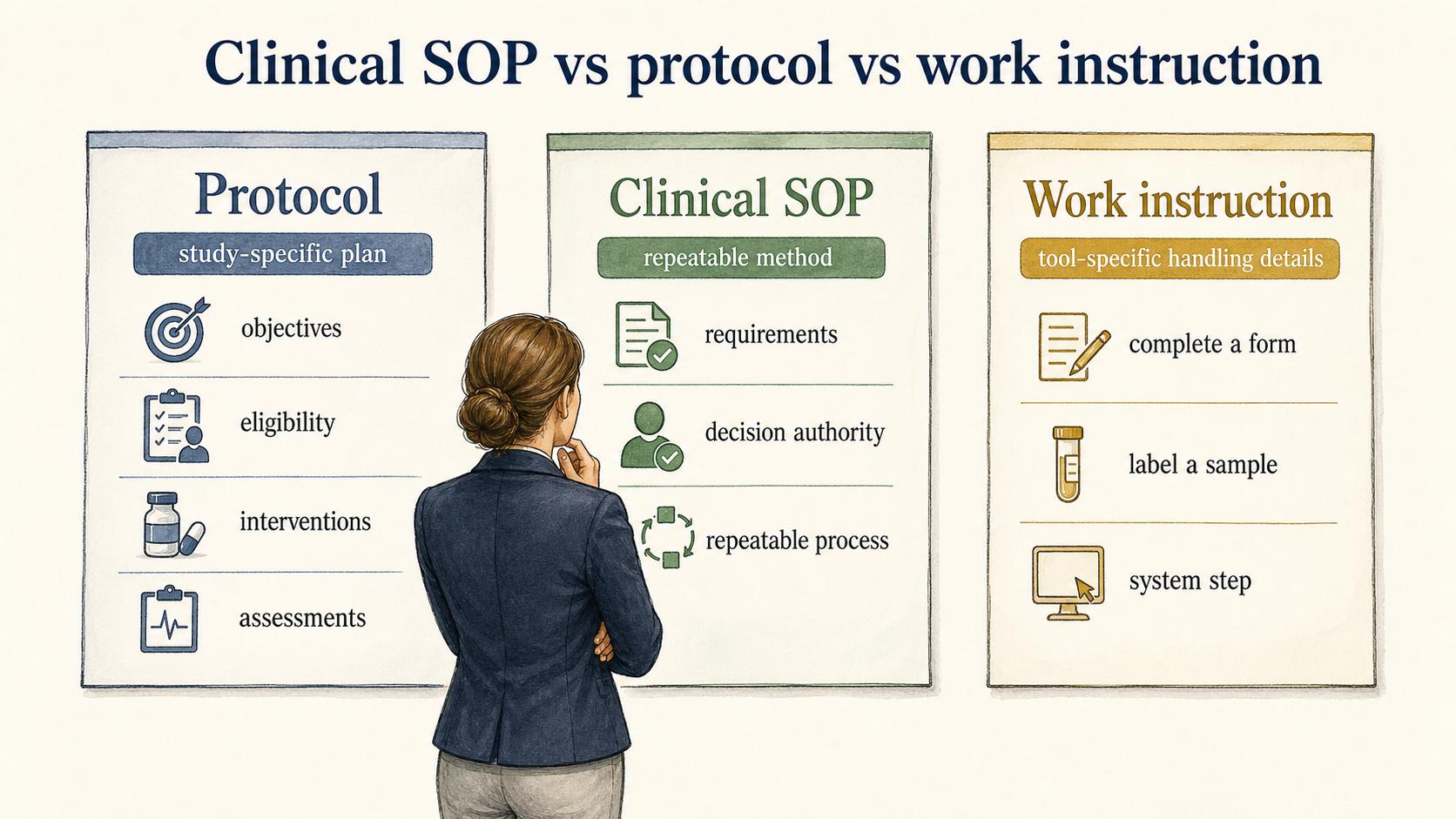 The protocol defines the study-specific plan, the SOP defines the repeatable method, and the work instruction explains tool-specific handling.
