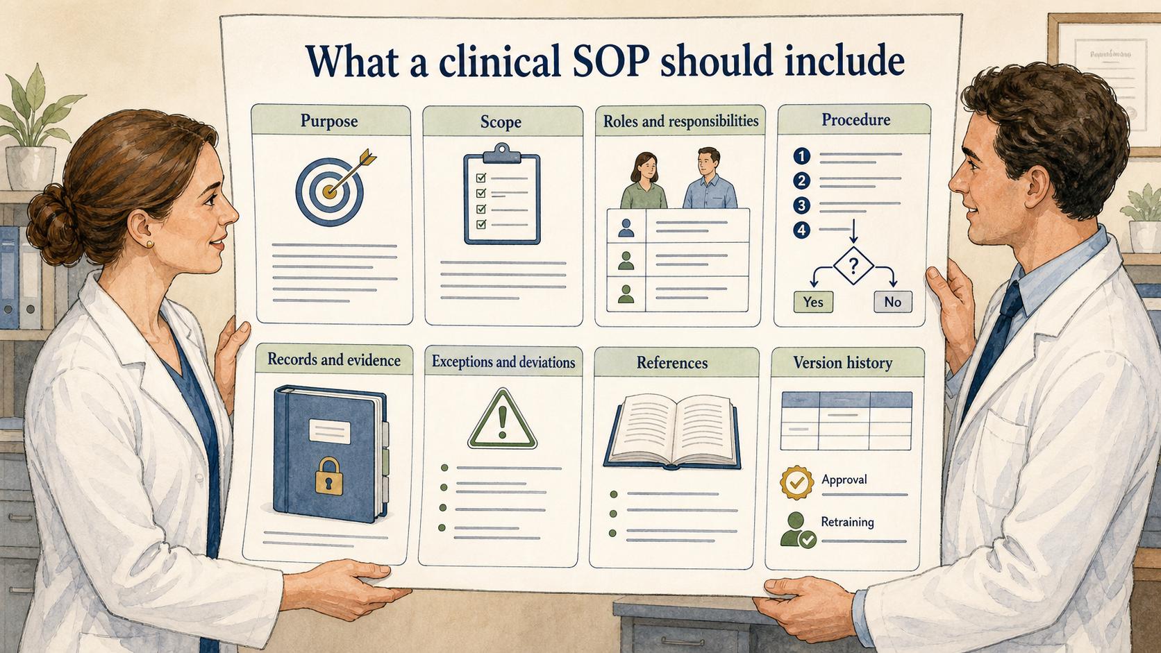 A usable clinical SOP defines its purpose, scope, responsibilities, procedure, evidence, exceptions, references, and version history.