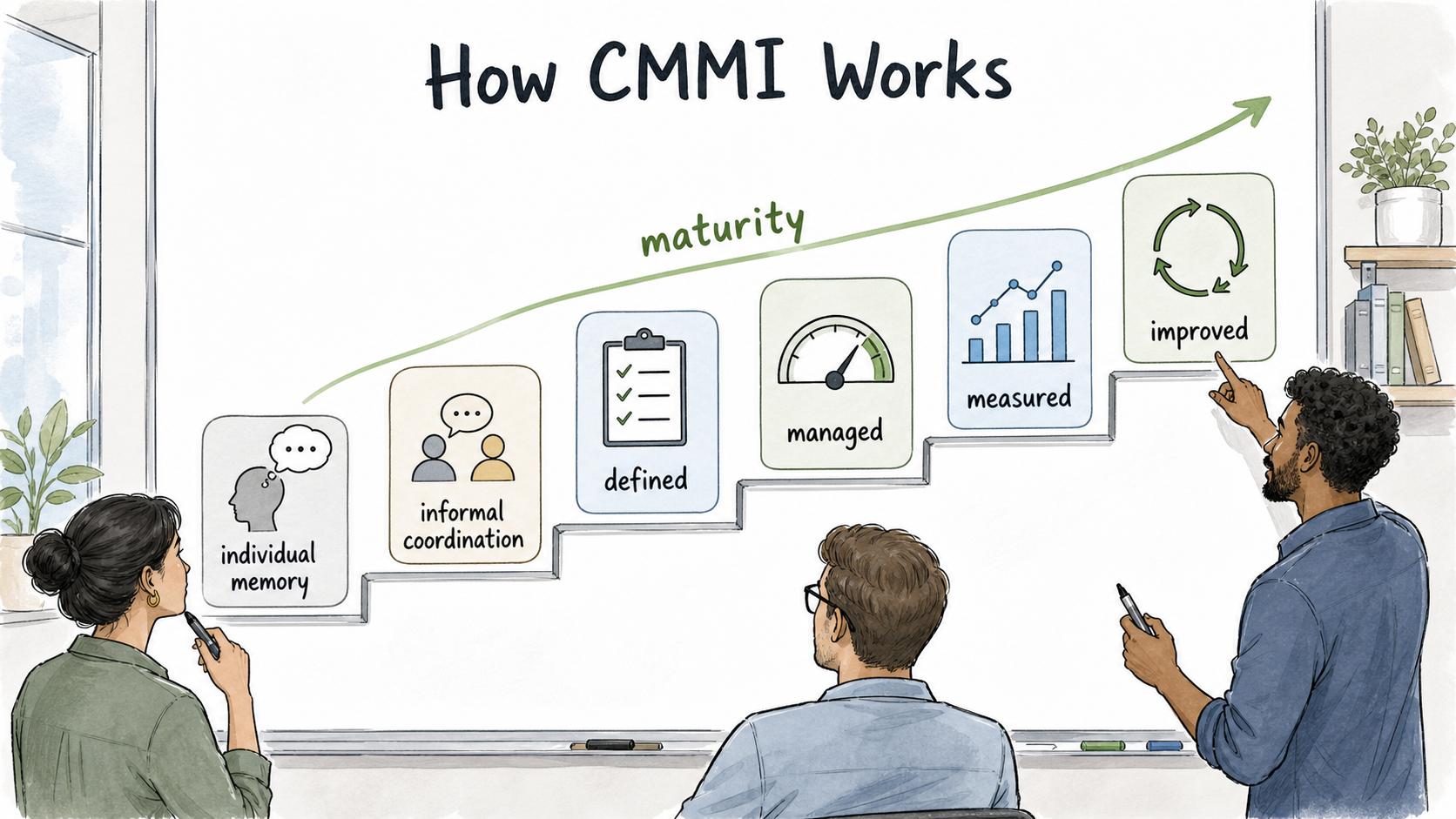 CMMI describes maturity as practices becoming more defined, managed, measured, and improved.