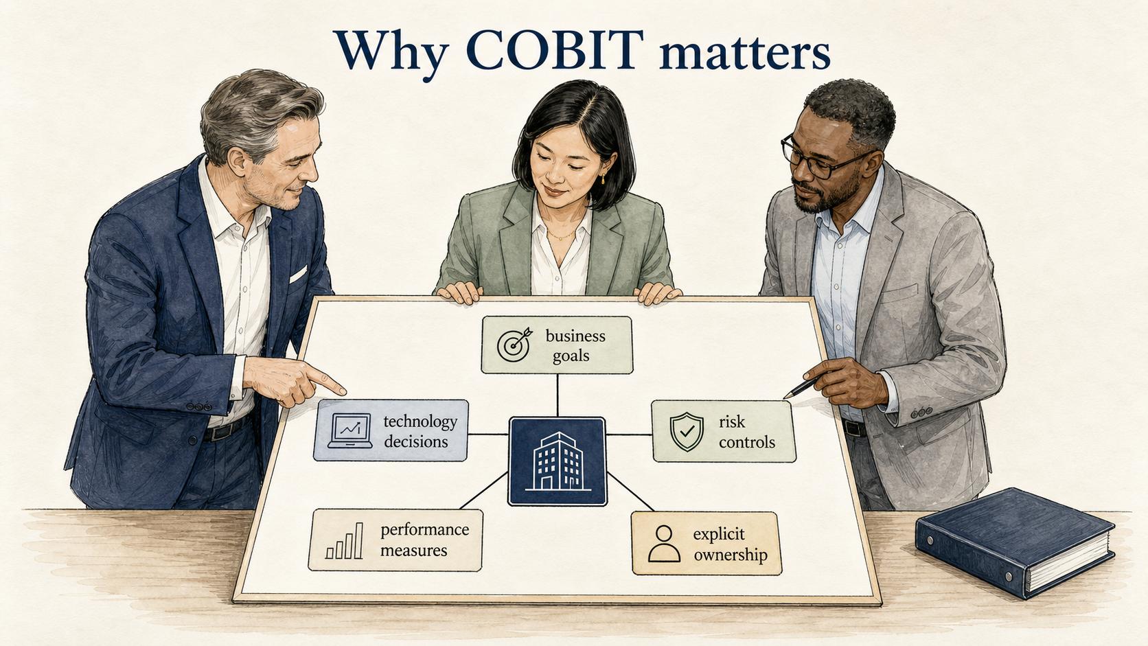 COBIT connects business goals with technology decisions, risk controls, performance measures, and explicit ownership.