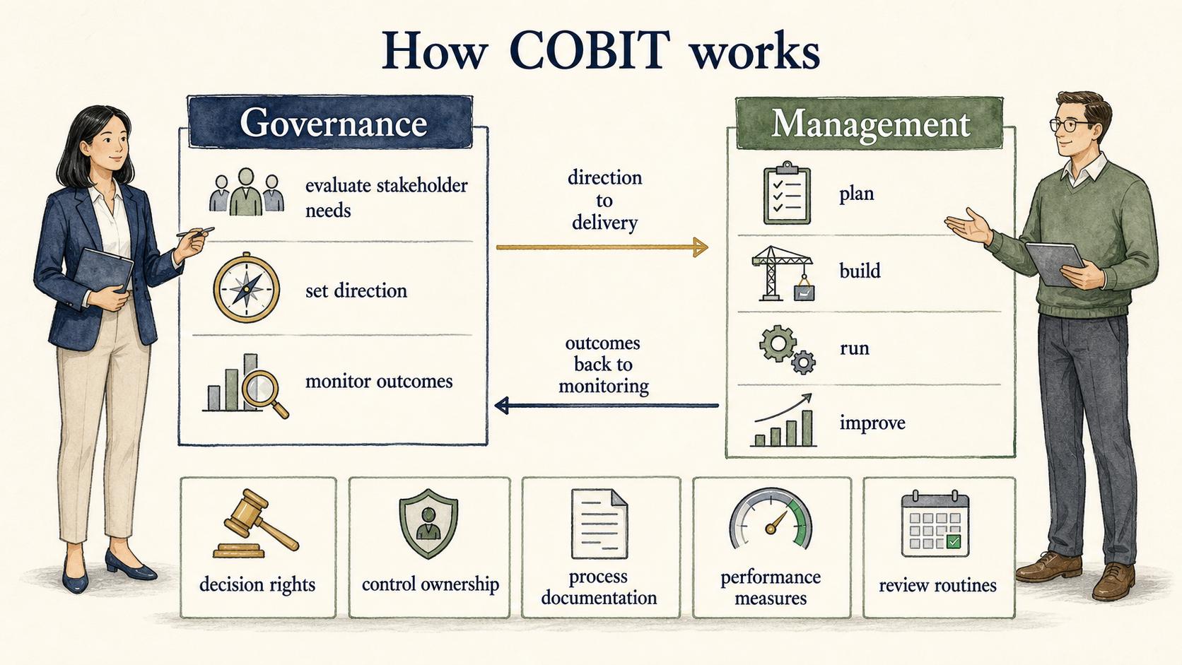 Governance evaluates needs, sets direction, and monitors outcomes, while management plans, builds, runs, and improves delivery.