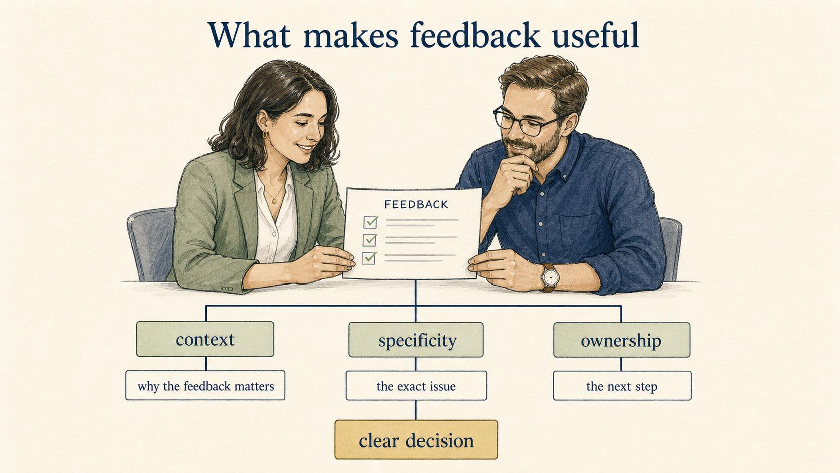 Useful feedback provides context, identifies the exact issue, and makes ownership of the next step clear.