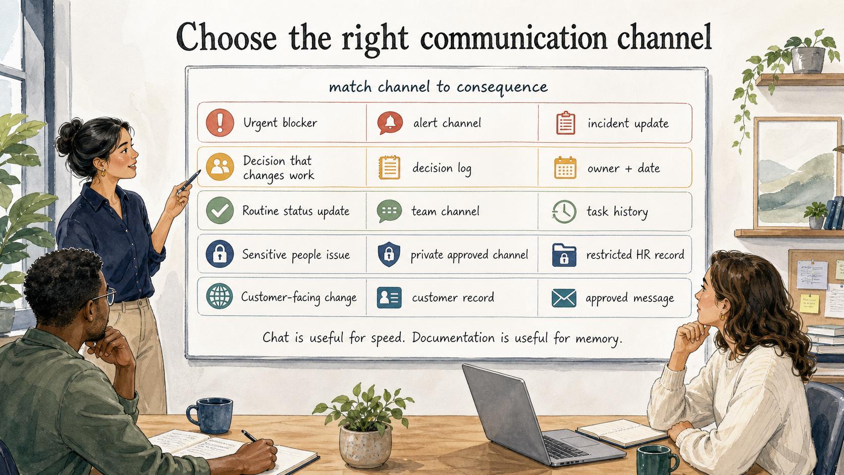 Match the channel to the consequence of missing the message: chat is useful for speed, while documentation is useful for memory.